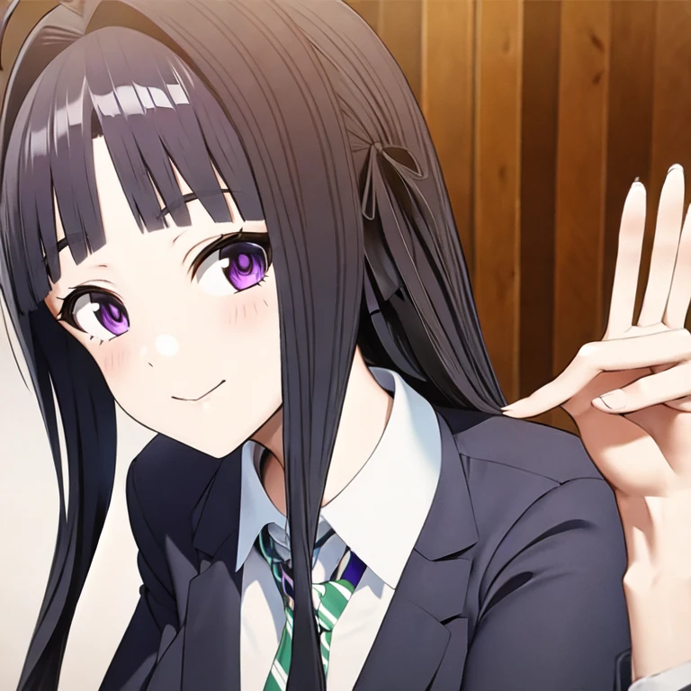 (masterpiece, best quality:1.2), 1girl, solo,long hair, black hair, purple eyes,ahoge,awa subaru