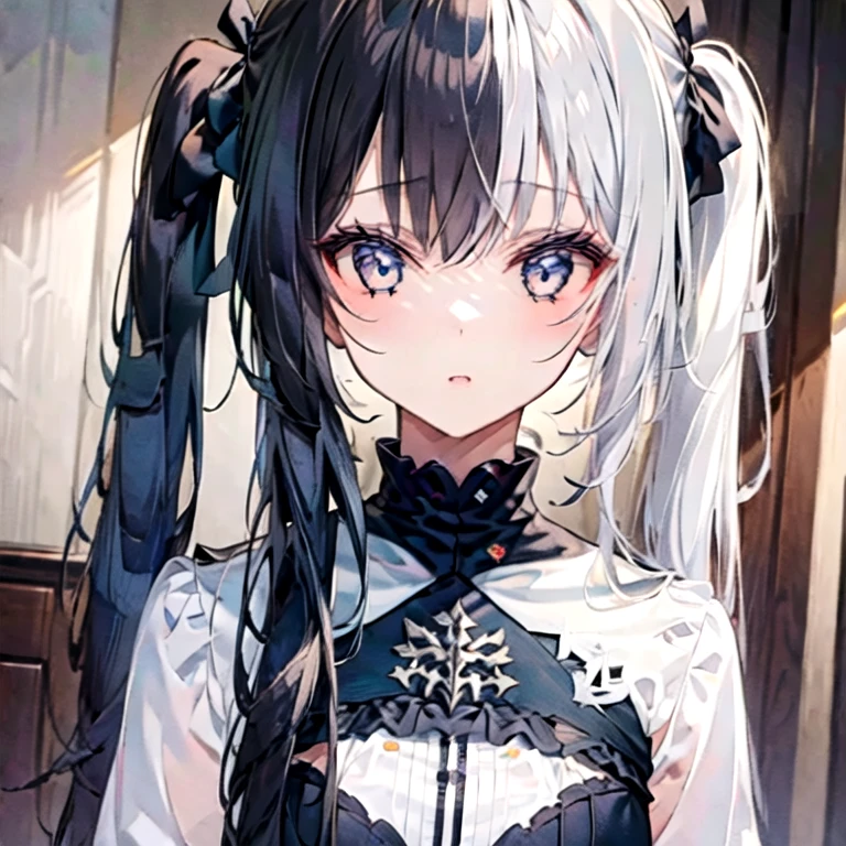 (masterpiece, best quality:1.2), 1girl, solo,twin tails,black and white hair, two tone hair,