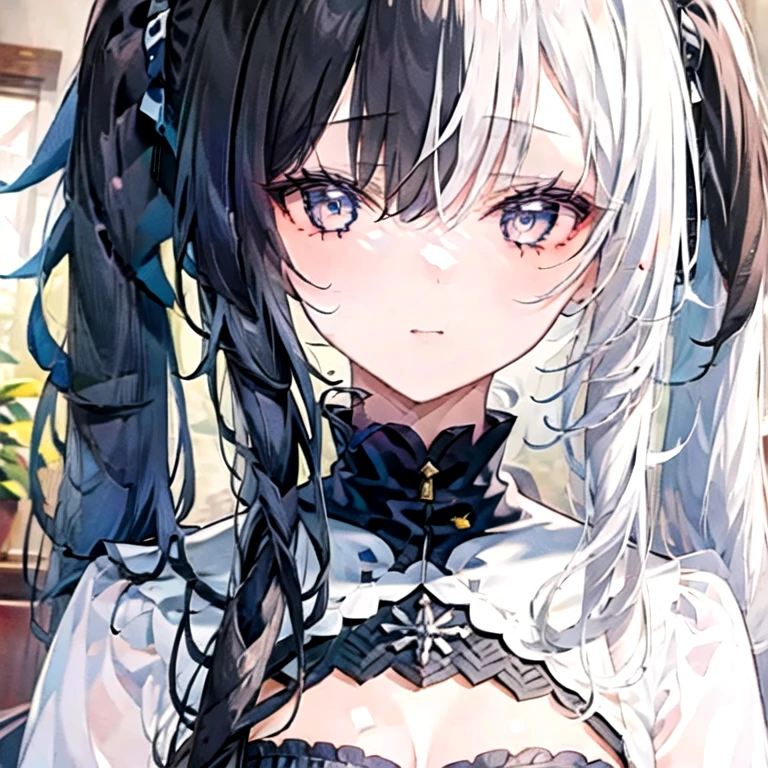 (masterpiece, best quality:1.2), 1girl, solo,twin tails,black and white hair, two tone hair, 