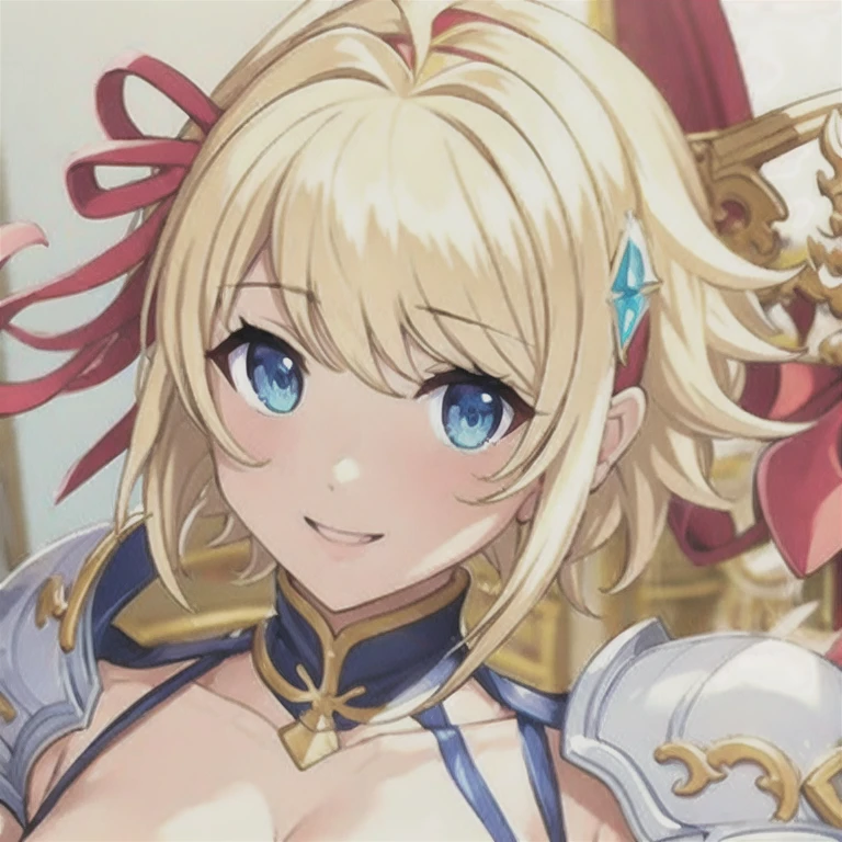 (masterpiece, best quality:1.2),Jeanne d'Arc,blonde hair,blue eyes,lily hairornament,bangs,red ribbon hair band,cowlick,ahoge,ornament,armor