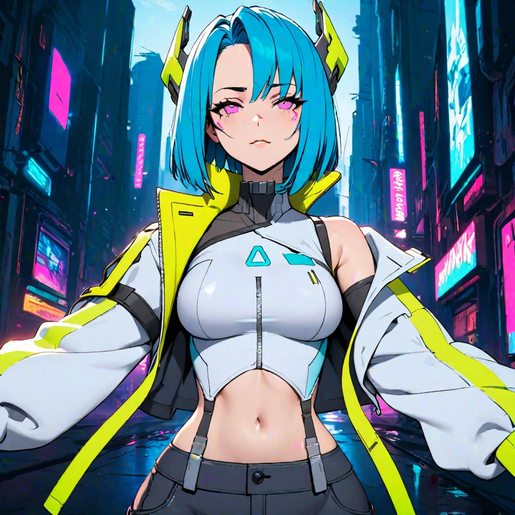 (masterpiece, best quality:1.2), 1girl, solo, Kaslin, cyberpunk girl, light blue hair