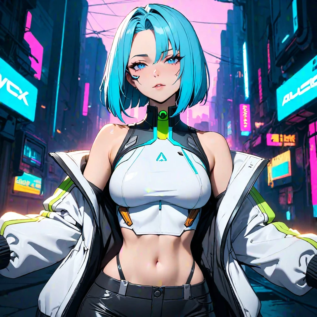 (masterpiece, best quality:1.2), 1girl, solo, Kaslin, cyberpunk girl, light blue hair