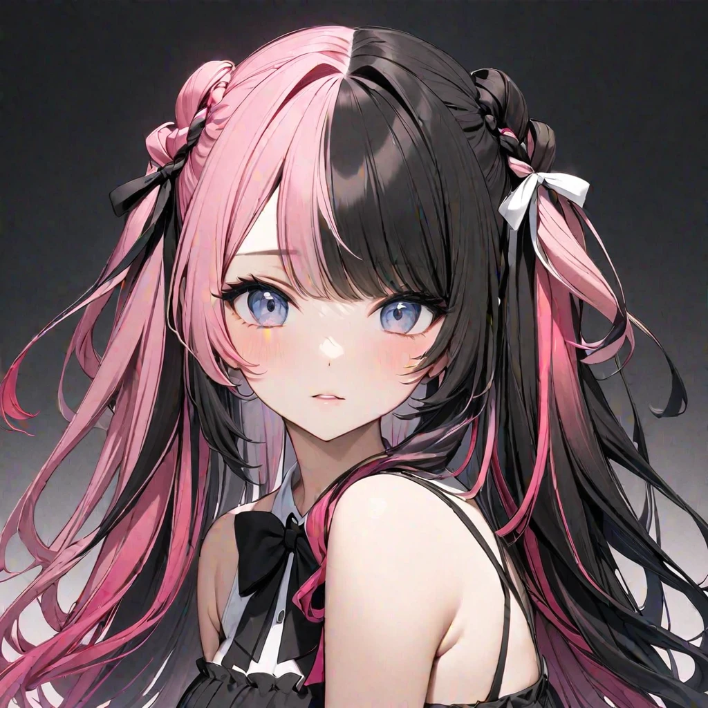 (masterpiece, best quality:1.2), 1girl, solo、橘ひなの、(black:1.35) and pink two-toned hair divided vertically in middle with a ribbon tied on side:1.3) (half-and-half (black:1.35) and pink hair split vertically down middle:1.3) ((black:1.35) and pink ombre hairstyle with colors divided vertically in center:1.3)
