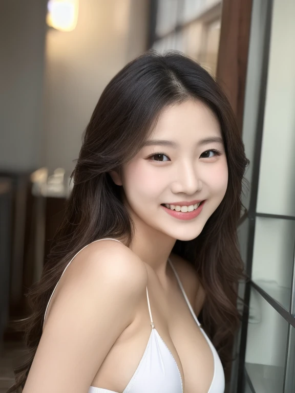 (realistic、masterpiece、Best Quality、8K、highres、high resolution:1.3)、1 girl、Huge breasts、smile, white bikini、pale white skin、looking at viewers、super fine face and eyes、long hair、indoor、 upper body、