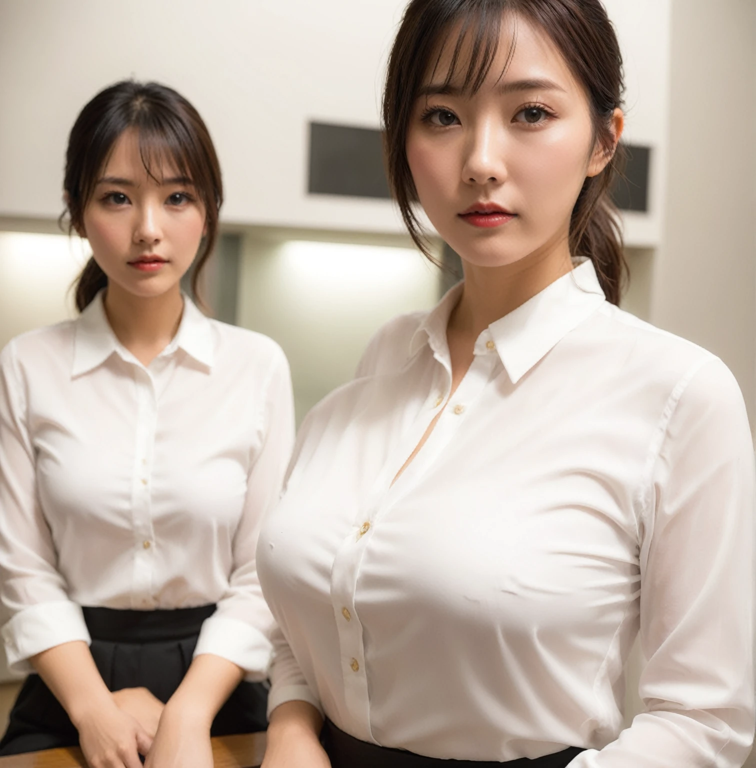 Two Women, Shot with a Canon 5D MK4, Photo taken with Nikon D750, Photo taken with Nikon D750, Japanese Model, lower angle, Shot with Canon EOS 5D OL Satin Blouse