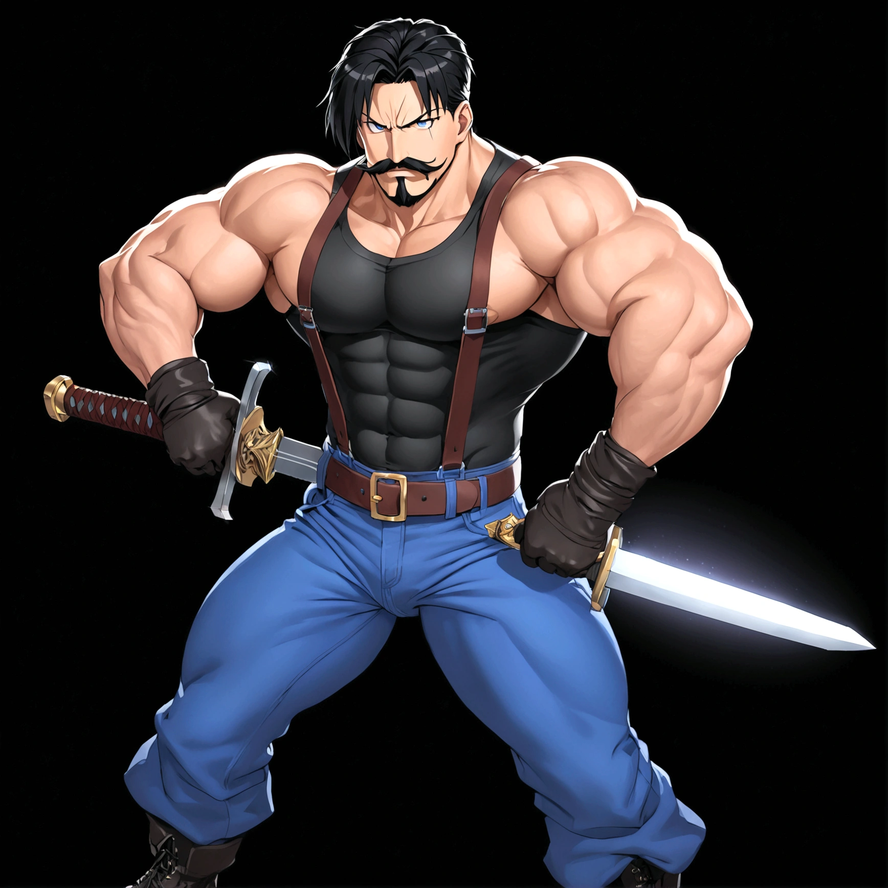 Fullmetal Alchemist,King Bradley,solo, looking at viewer, short hair, simple background, shirt, black hair, gloves, 1boy, holding, full body, weapon, male focus, boots, belt, pants, sword, fingerless gloves, holding weapon, black shirt, muscular, facial hair, holding sword, eyepatch, suspenders, pectorals, muscular male, black background, bara, beard, mature male, mustache, blue pants, covered abs, tight shirt