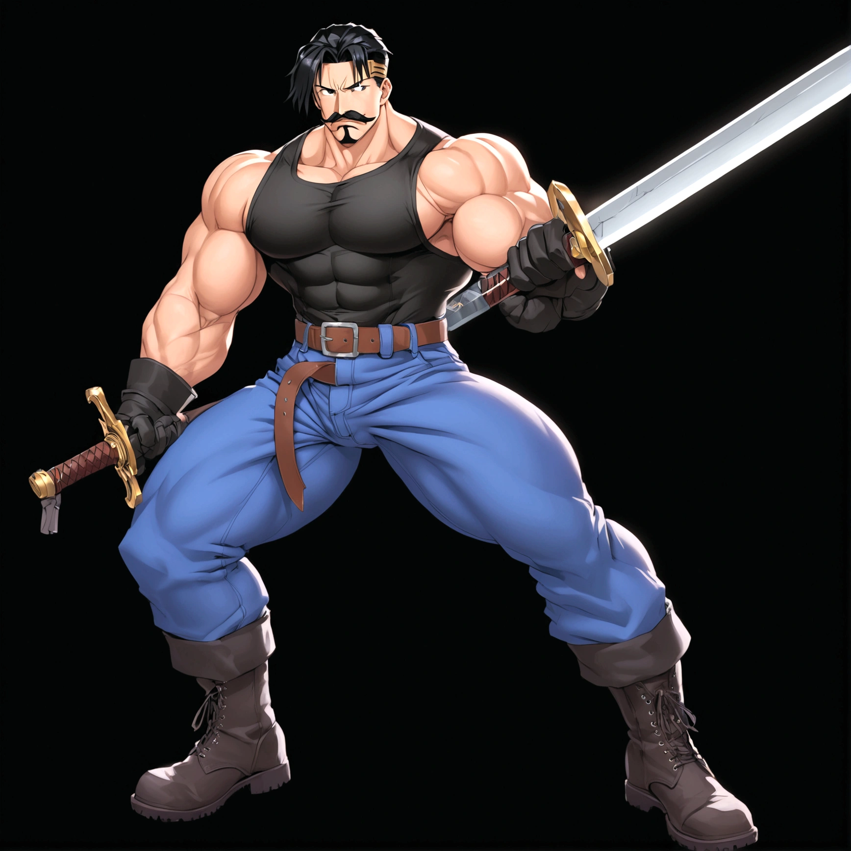 Fullmetal Alchemist,King Bradley,solo, looking at viewer, short hair, simple background, shirt, black hair, gloves, 1boy, holding, full body, weapon, male focus, boots, belt, pants, sword, fingerless gloves, holding weapon, black shirt, muscular, facial hair, holding sword, eyepatch, suspenders, pectorals, muscular male, black background, bara, beard, mature male, mustache, blue pants, covered abs, tight shirt