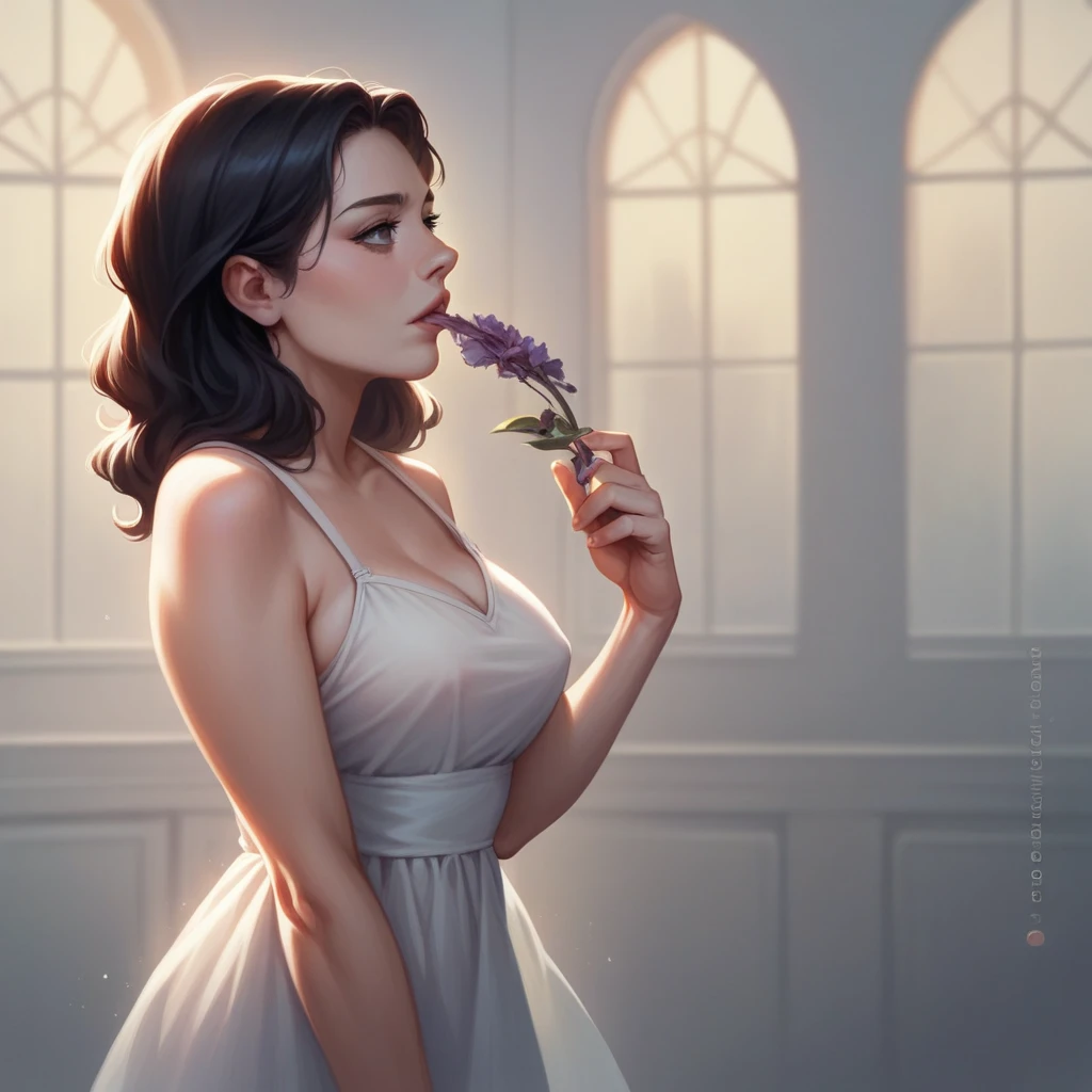 Oral rape, beautiful girl with realistic black eyes, pale skin, mid-length black hair, perfect face, perfect eyes, wearing sheer sundress, highly detailed, comprehensive cinematic, digital painting, 8k, cinematic lighting, best quality, highres, detailed work, post-processing, perfect result, hyper realistic