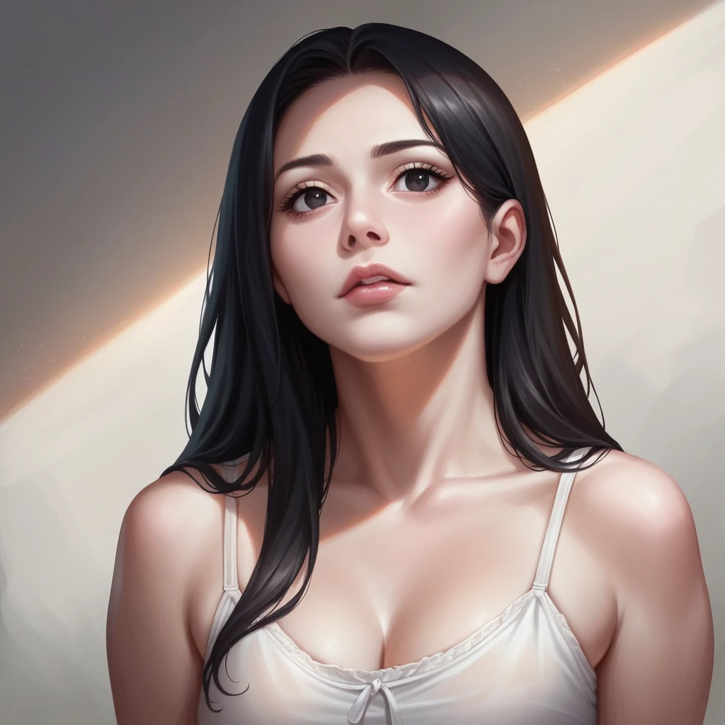 Realistic Photos, lip gloss, NSFW, drawing, emotional, Best Quality, Super High Resolution, depth, Pastel color, Natural Shading, focus on face, Face only, looking at the scenes, 1girl, Dejah Thoris, topless, long hair, Black hair, Amber and well-detailed eyes, amber eyes, pale white skin, detailed wallpaper, looking into the camera, black background, calm look, elaborate jewelry in her hair