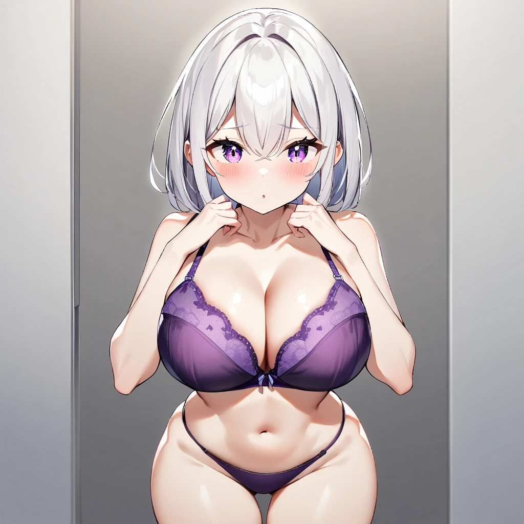(1girl),big breast,absurdres,best quality,very aesthetic,absurdres,bra,(light silver White hair),Thighs,(purple bra),(straight-on),legs,(officeready:1)