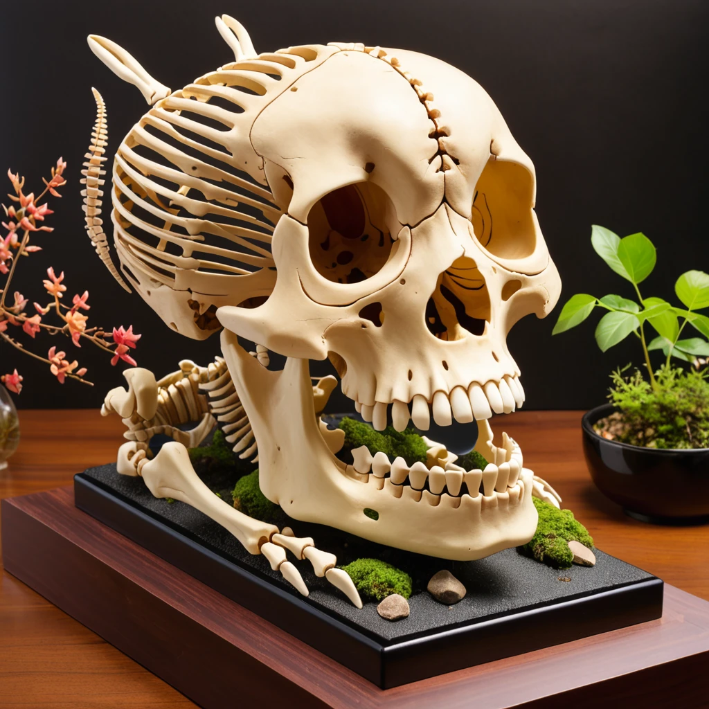 Hyperrealistic Microscopic, Giant skull Pseudevernia furfuracea, isopod exoskeleton Whimsical ambiance, Leather couch golden angle