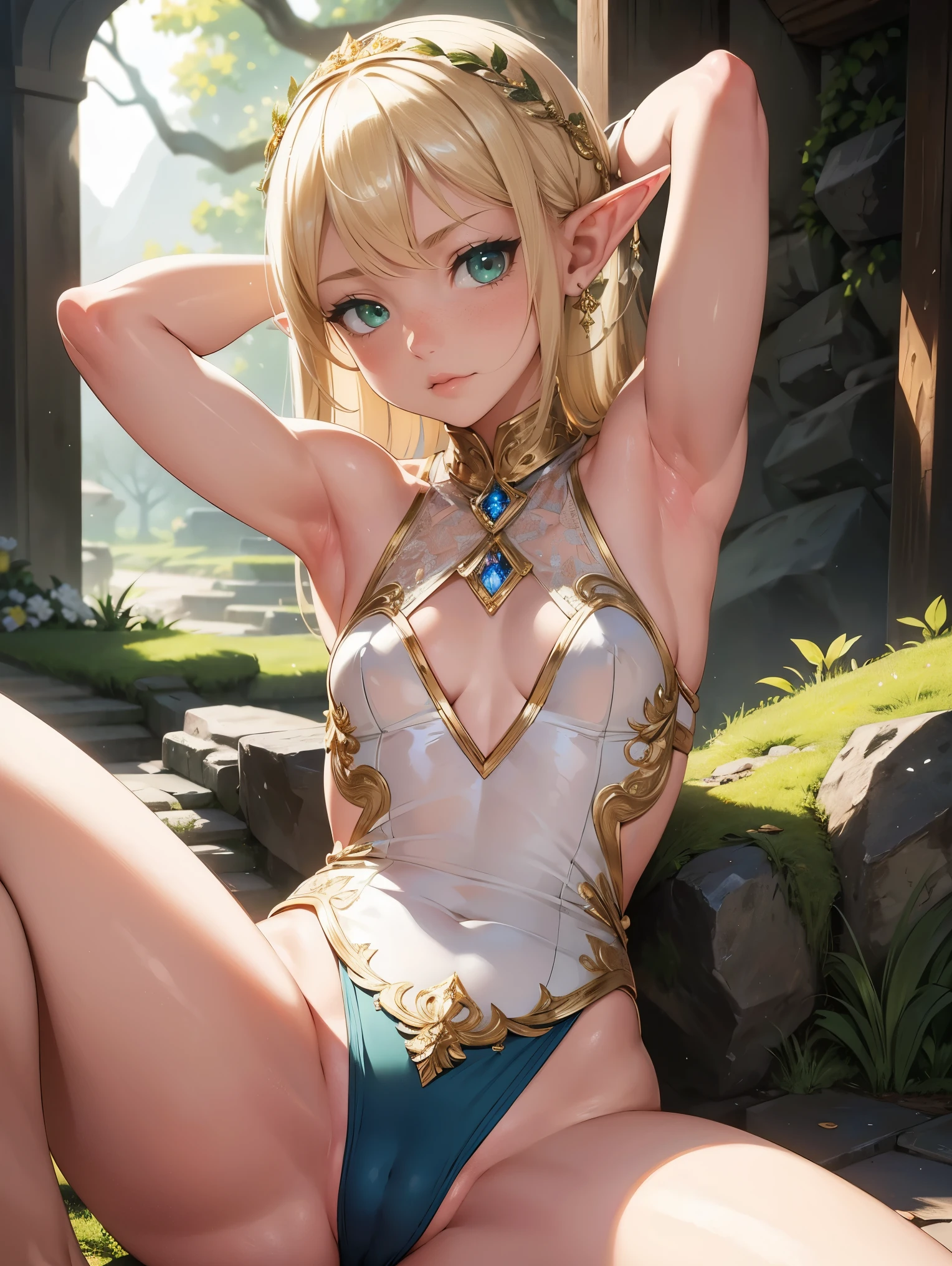 Ultra sharp, masterpiece, best quality, intricate details, detailed eyes, perfect face detailed face, masterpiece, highly detailed exquisite character art, perfectly detailed anatomy, Beautiful girl, transparent flowy outfit, Elf girl, Elf ear, (Showing armpit:1.2), small, sitting, spread legs, shaved sides, glowing, textured skin, whispering, green eyes, blonde hair, glossy face, fairy dust, small breasts, cameltoe,