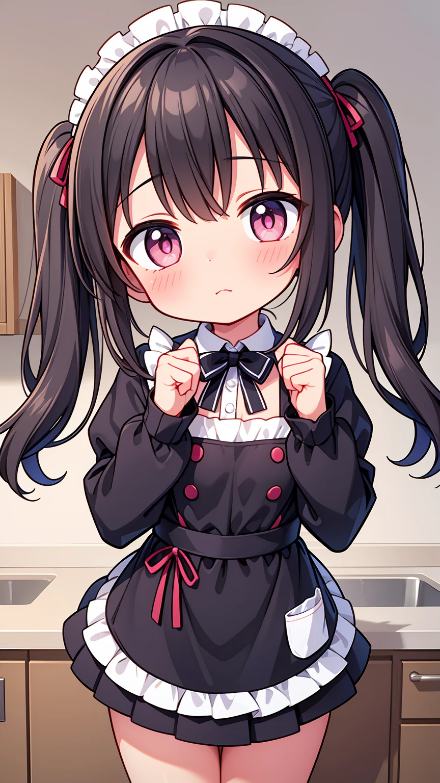 (8K, Highest image quality, highest quality, masterpiece), detailed face, (( girl)), (little lolive) , black hair, short twintails, pink eyes, small breasts, naked apron, cowboy shot, put your hand on your mouth, kitchen background, ((very blushing)), ((detailed hands and fingers)), viewer perspective from below, (very blushing), (very much in love with the viewer)