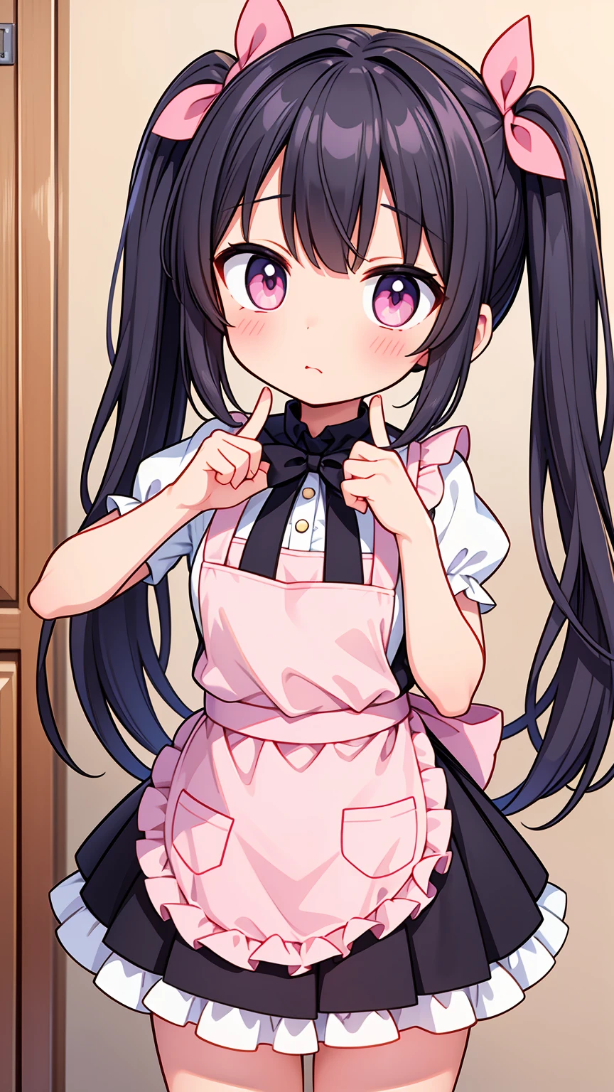 (8K, Highest image quality, highest quality, masterpiece), detailed face, ((loli girl)), (little loli curve) , black hair, short twintails, pink eyes, small breasts, naked apron, cowboy shot, put your hand on your mouth, kitchen background, ((very blushing)), ((detailed hands and fingers)), viewer perspective from below, (very blushing), (very much in love with the viewer)