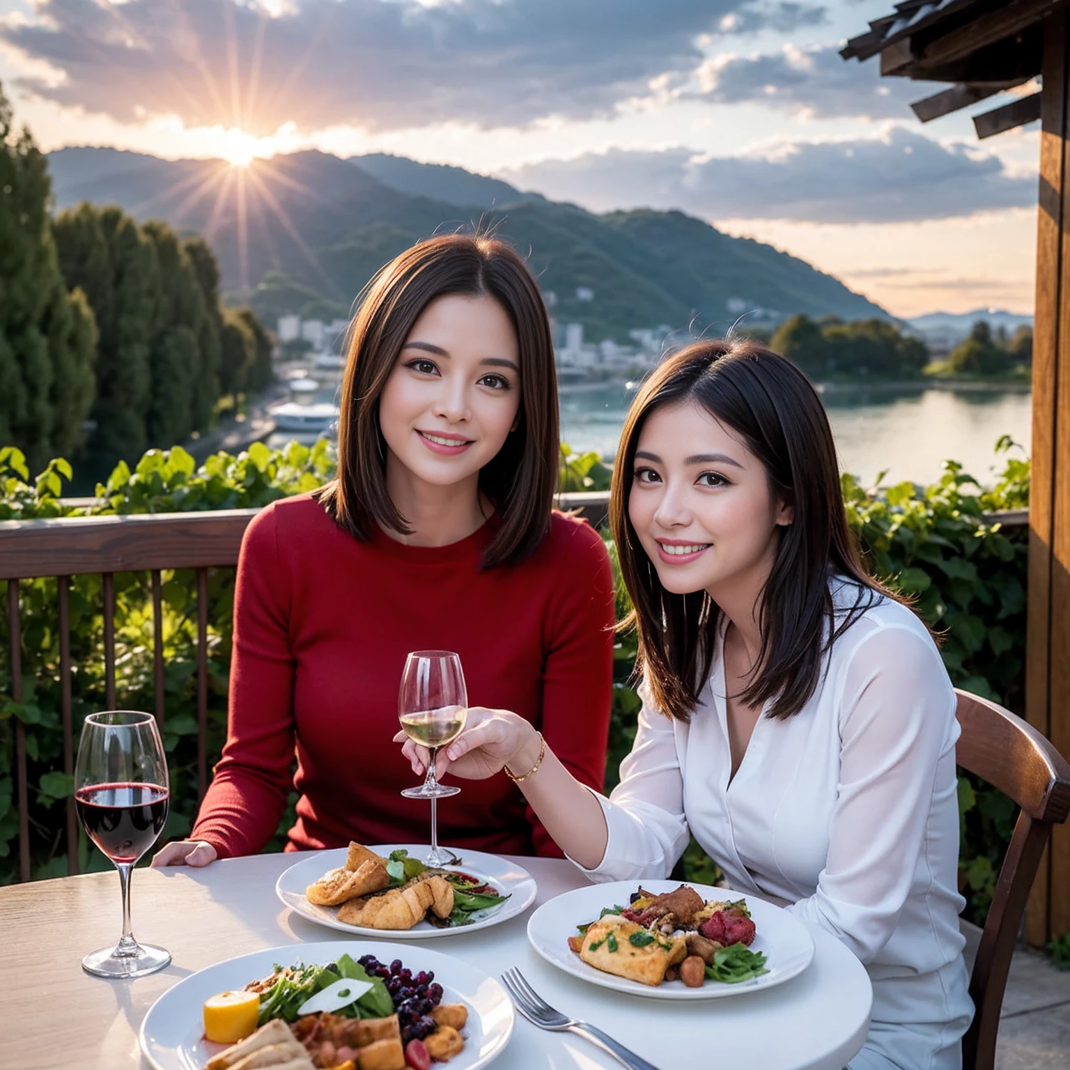 ((Highest quality、8k、masterpiece:1.3))、 (Genuineistic, Genuine、Bright image、Intricate details:1.2), 最高のsmile、1 male,1 female、Beautiful couple、spouse、fiancee、Good friends、actress couple、smile、Full-course dinner at a packed table、 (Slim face), (the body is slim), (Brown Hair), (short hair), テーブルのwine glass、Please shine a light on my face、 Amazing view of the sunset sky and clouds、 (42 years old)38 years old, red wine 、Appetizers、Wine bottle、sparkling wine、Long sleeve shirt、dress、White wine, red wine, wine glass,