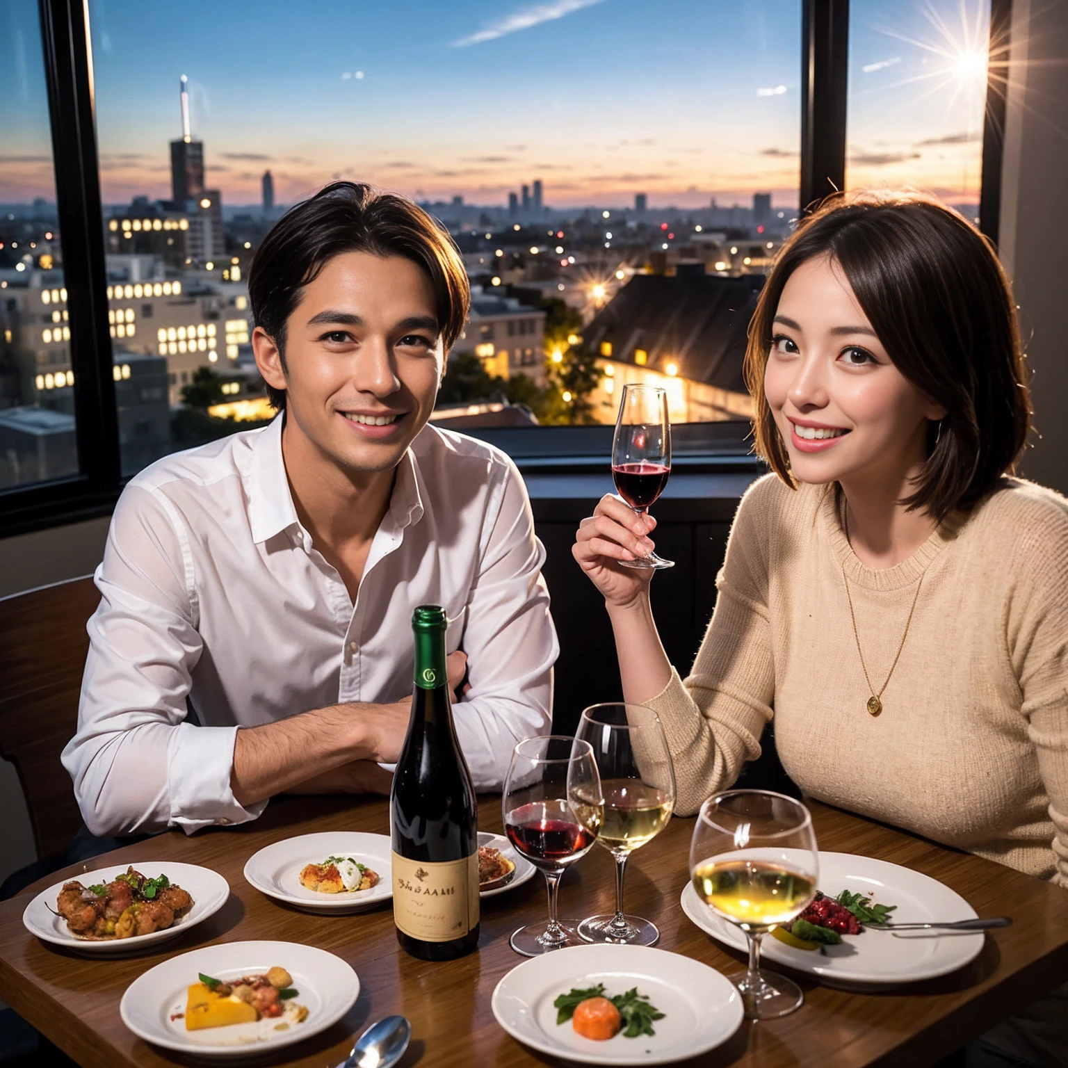 ((Highest quality、8k、masterpiece:1.3))、 (Genuineistic, Genuine、Bright image、Intricate details:1.2), 最高のsmile、1 male, 1 female、Beautiful couple、Satomi Ishihara-like lover、Good friends、actress couple、smile、Full-course dinner at a packed table、 (Slim face), (the body is slim), (Brown Hair), (short hair), テーブルのwine glass、Please shine a light on my face、 Amazing view of the sunset sky and clouds、 (36 years old)38 years old, red wine 、Appetizers、Wine bottle、sparkling wine、Long sleeve shirt、dress、White wine, red wine, wine glass, 