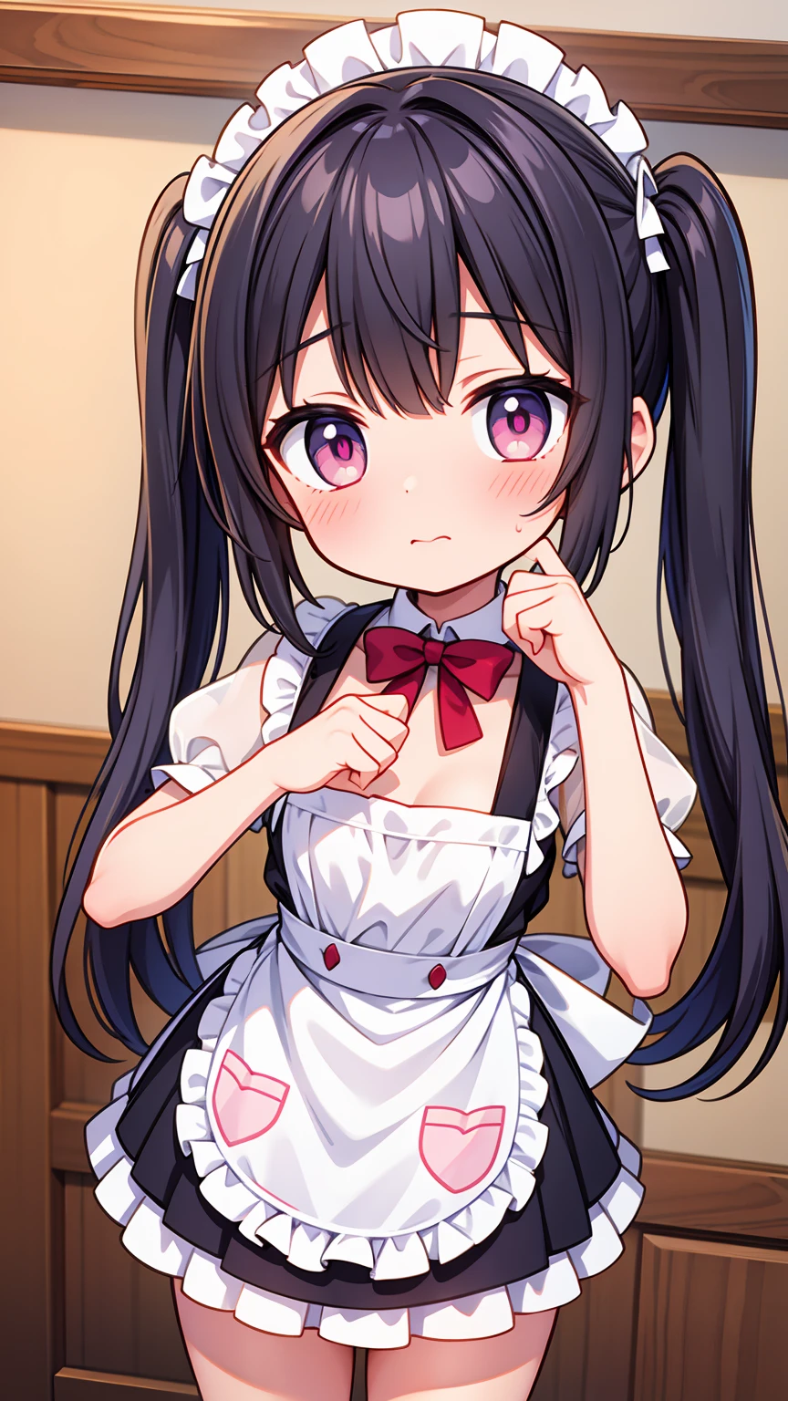 (8K, Highest image quality, highest quality, masterpiece), detailed face, ((loli girl)), (little loli curve) , black hair, short twintails, pink eyes, small breasts, naked apron, cowboy shot, put your hand on your mouth, kitchen background, ((very blushing)), ((detailed hands and fingers)), viewer perspective from below, (very blushing), (very much in love with the viewer)