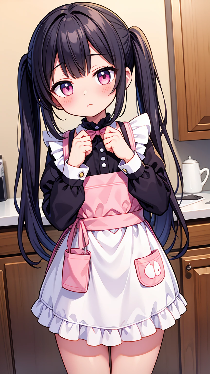 (8K, Highest image quality, highest quality, masterpiece), detailed face, (( girl)), (little lolive) , black hair, short twintails, pink eyes, small breasts, naked apron, cowboy shot, put your hand on your mouth, kitchen background, ((very blushing)), ((detailed hands and fingers)), viewer perspective from below, (very blushing), (very much in love with the viewer)