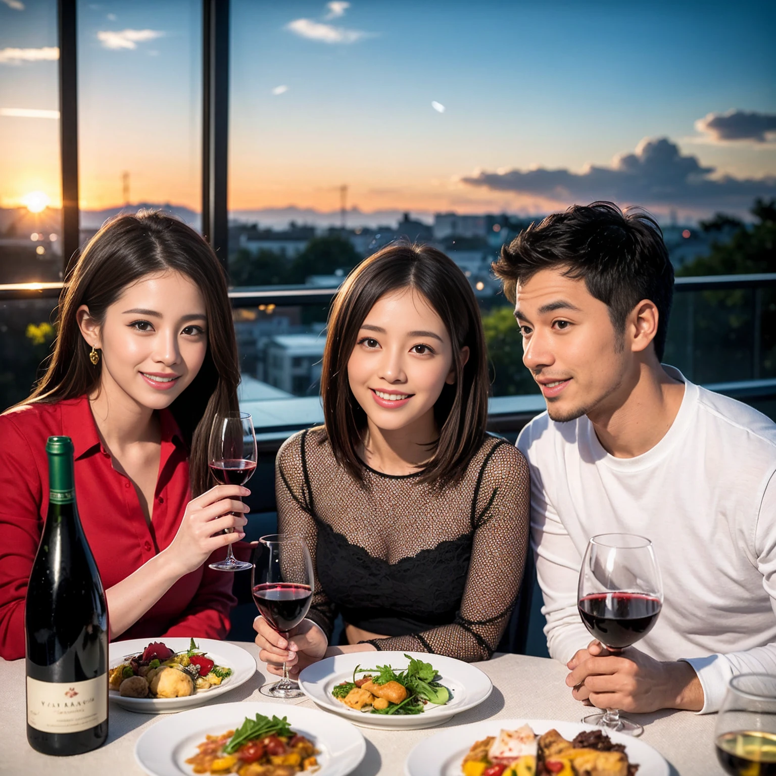 ((Highest quality、8k、masterpiece:1.3))、 (Genuineistic, Genuine、Bright image、Intricate details:1.2), 最高のsmile、1 male, 1 female、Beautiful couple、Satomi Ishihara-like lover、Good friends、actress couple、smile、Full-course dinner at a packed table、 (Slim face), (the body is slim), (Brown Hair), (short hair), テーブルのwine glass、Please shine a light on my face、 Amazing view of the sunset sky and clouds、 (36 years old)38 years old, red wine 、Appetizers、Wine bottle、sparkling wine、Long sleeve shirt、dress、White wine, red wine, wine glass,