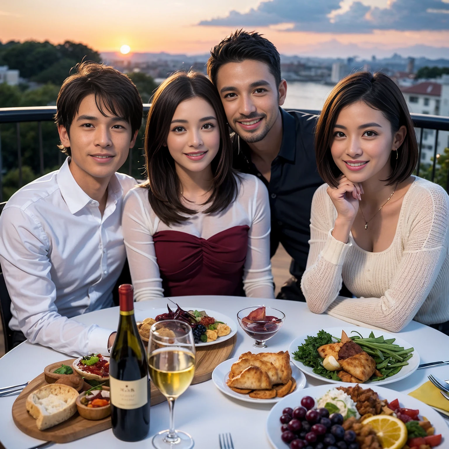 ((Highest quality、8k、masterpiece:1.3))、 (Genuineistic, Genuine、Bright image、Intricate details:1.2), 最高のsmile、1 male,1 female、Beautiful couple、spouse、fiancee、Good friends、actress couple、smile、Full-course dinner at a packed table、 (Slim face), (the body is slim), (Brown Hair), (short hair), テーブルのwine glass、Please shine a light on my face、 Amazing view of the sunset sky and clouds、 (42 years old)38 years old, red wine 、Appetizers、Wine bottle、sparkling wine、Long sleeve shirt、dress、White wine, red wine, wine glass, 