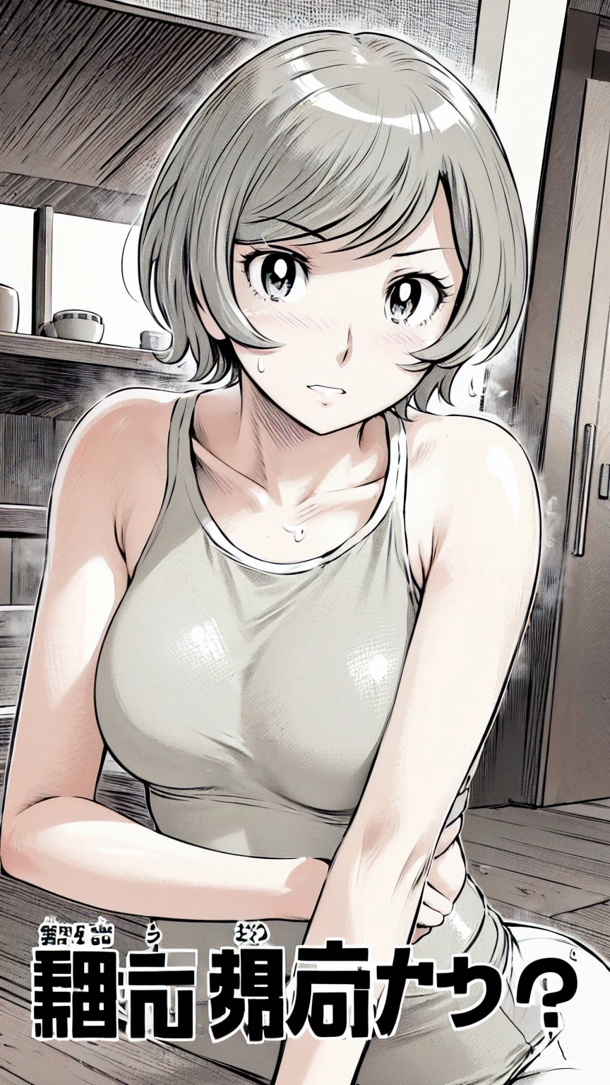 Grey sports bra、Grey panties、(masterpiece、Highest quality)、Highest quality, Ultra-high resolution, (((masterpiece))), alone, Sweat、Big eyes, Composition from the front、（Close-up of a person）、(Manga Style:1.1)、Shortcuts、Embarrassed face、Blonde Hair、Short back hair、