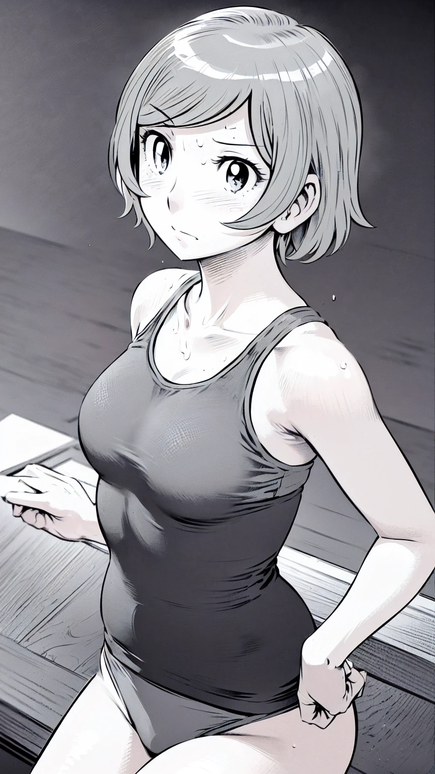 Grey sports bra、Grey panties、(masterpiece、Highest quality)、Highest quality, Ultra-high resolution, (((masterpiece))), alone, Sweat、Big eyes, Composition from the front、(Close-up of a person)、(Manga Style:1.1)、Shortcuts、Embarrassed face、Blonde Hair、Short back hair、