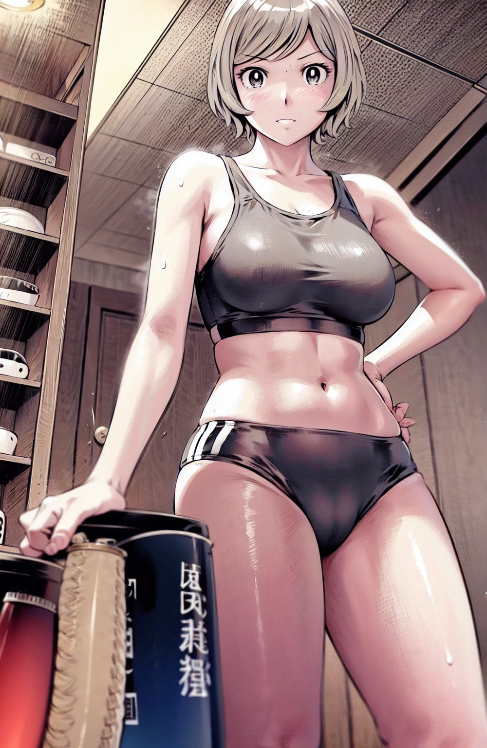 Grey sports bra、Grey pantieasterpiece、Highest quality)、Highest quality, Ultra-high resolution, (((masterpiece))), alone, Sweat、Big eyes, Please show me your armpits, Composition from the front、(Short back hair、short hair、blonde、woman)、(Manga style:1.1)、Shortcuts、Embarrassed face、Cut your hair short、可愛いwomanの子、Big Breasts