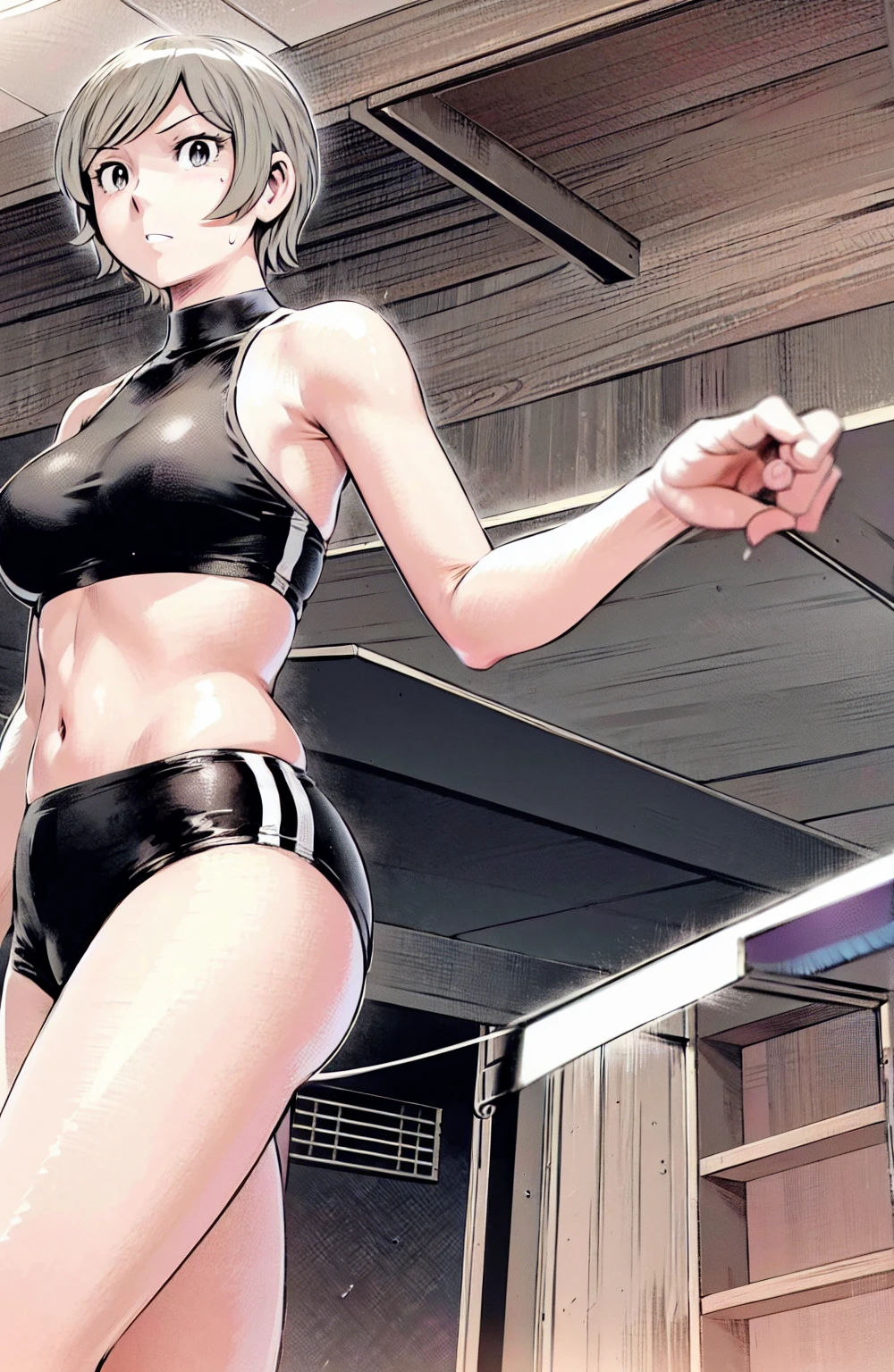 Grey sports bra、Grey pantieasterpiece、Highest quality)、Highest quality, Ultra-high resolution, (((masterpiece))), alone, Sweat、Big eyes, Please show me your armpits, Composition from the front、(Short back hair、short hair、blonde、woman)、(Manga style:1.1)、Shortcuts、Embarrassed face、Cut your hair short、可愛いwomanの子、Big Breasts