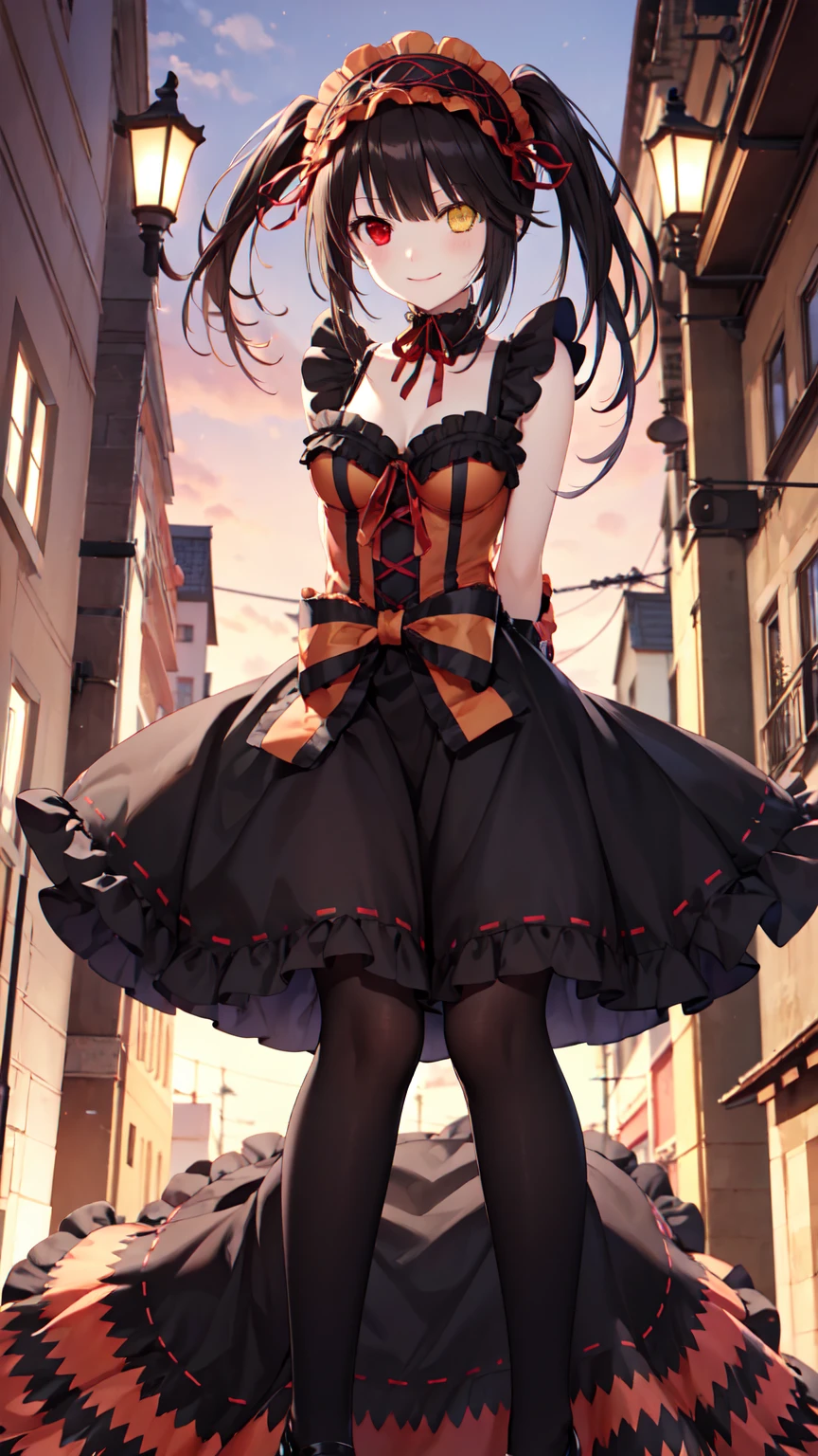 masterpiece, The best quality、street、Put your arms behind your back、Black Hair, Long twin tails bunches, (Yellow eyes:1.2), Heterochromia iridum, (Red Eyes:1.2),Tokisaki Kurumi、Smile,Gothic Lolita Clothing Accessories、victorian maid tiara、Black Ribbon、Shut up、Gothic Lolita Clothing Accessories