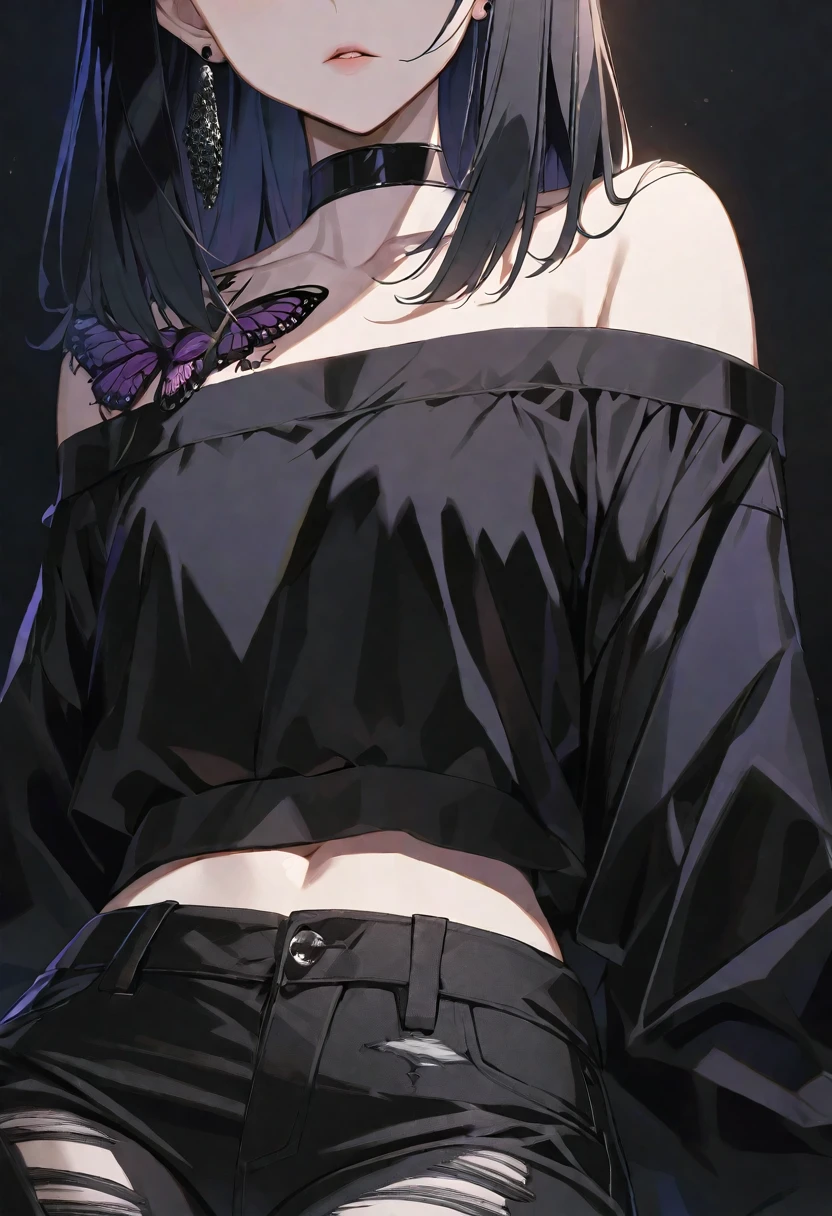 solo, handsome, Glossy feel,
1. Female,
Hime cut,Straight Hair,Bob Hair,
black hair,
Nakano Yotsuba,
purple Eyes,Soft look,beautiful,beautiful,Sexy,Darkness,butterfly Tattoo,Lots of black earrings,choker,
black Off Shoulder,black Distressed jeans,
skin,Black Rose,Alluring,
black background,Black Rose
