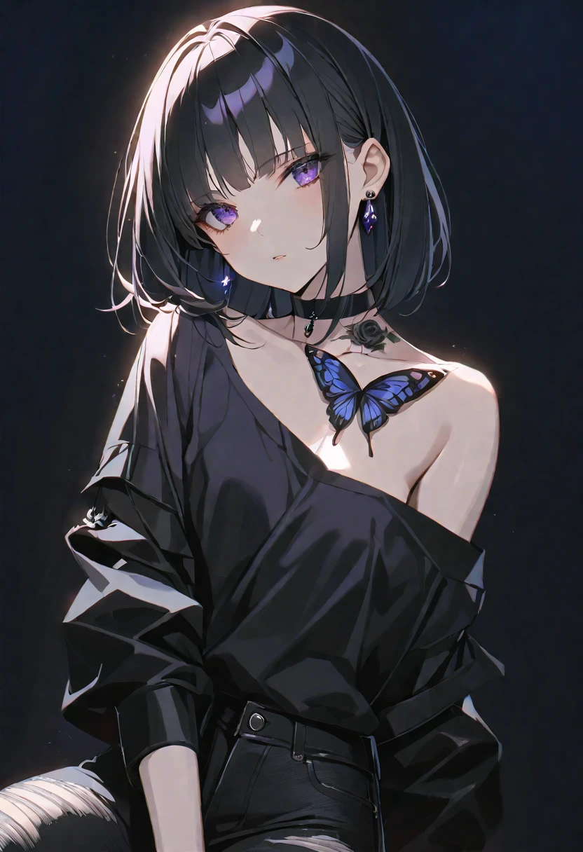 solo, handsome, Glossy feel,
1. Female,
Hime cut,Straight Hair,Bob Hair,
black hair,
Nakano Yotsuba,
purple Eyes,Soft look,beautiful,beautiful,Sexy,Darkness,butterfly Tattoo,Lots of black earrings,choker,
black Off Shoulder,black Distressed jeans,
skin,Black Rose,Alluring,
black background,Black Rose