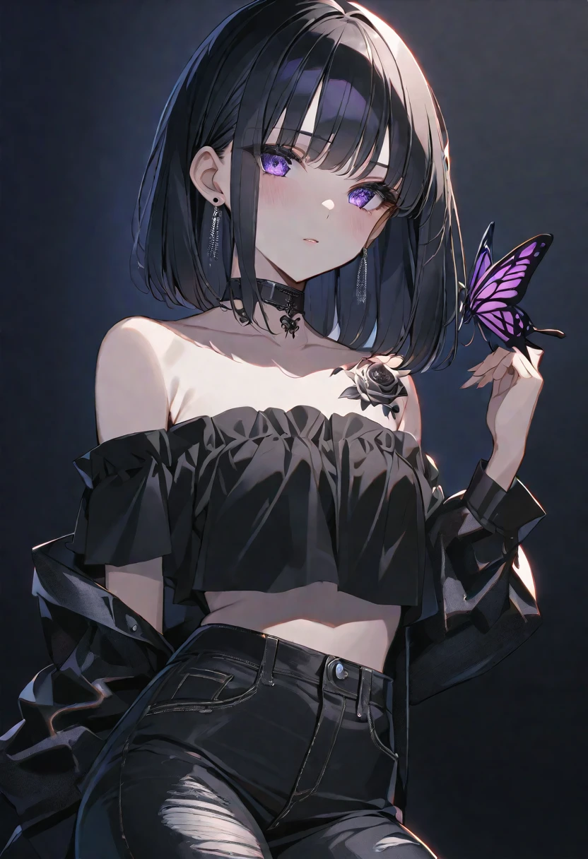 solo, handsome, Glossy feel,
1. Female,
Hime cut,Straight Hair,Bob Hair, 
black hair, 
Nakano Yotsuba,
purple Eyes,Soft look,beautiful,beautiful,Sexy,Darkness,butterfly Tattoo,Lots of black earrings,choker,
black Off Shoulder,black Distressed jeans,
skin,Black Rose,Alluring,
black  background,Black Rose