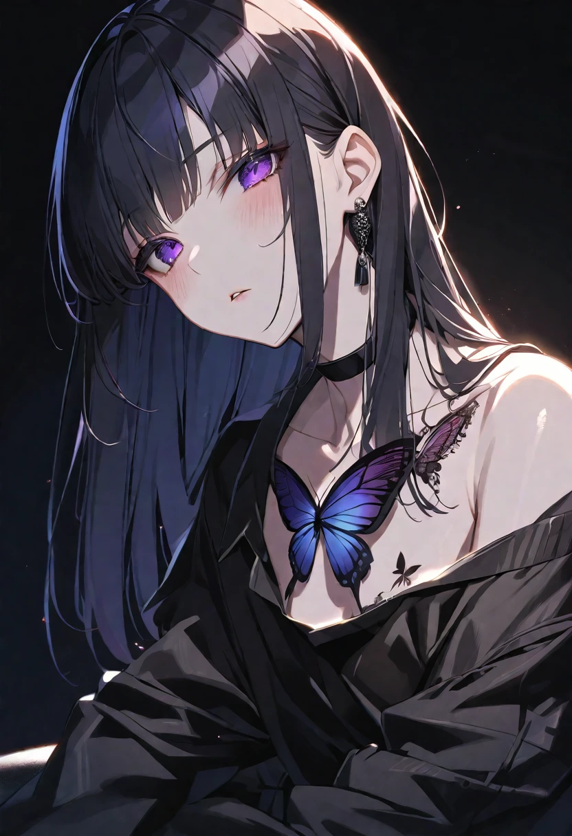 solo, handsome, Glossy feel,
1. Female,
Hime cut,Straight Hair,Bob Hair, 
black hair, 
Nakano Yotsuba,
purple Eyes,Soft look,beautiful,beautiful,Sexy,Darkness,butterfly Tattoo,Lots of black earrings,choker,
black Off Shoulder,black Distressed jeans,
skin,Black Rose,Alluring,
black  background,Black Rose