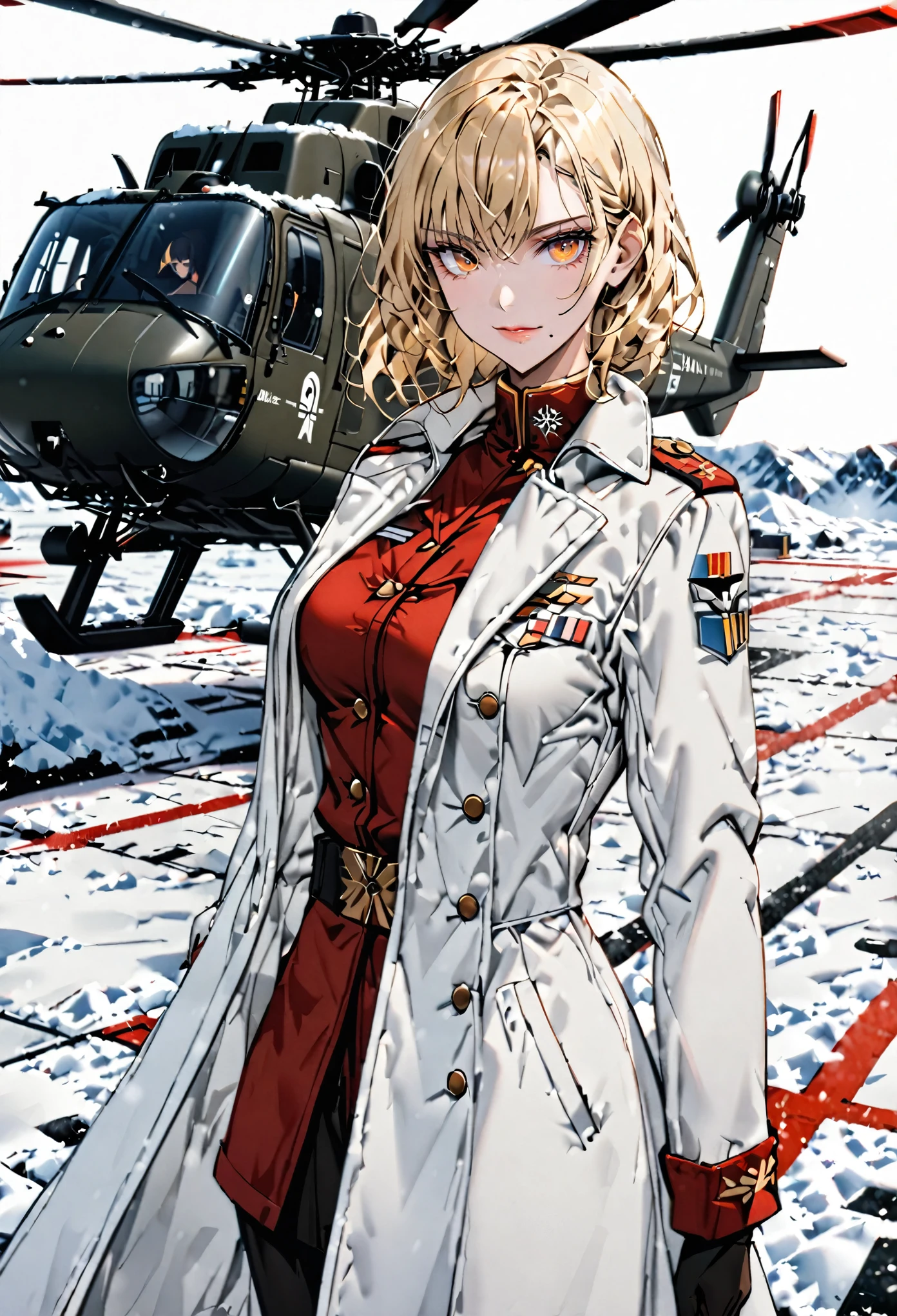 (solo), female, extremely tall, muscular:0.7, blonde hair, formal haircut, amber eyes, formal military uniform, small smile, Antarctic military uniform, large breasts, mole under mouth, snowy background, helipad, military overcoat, helicopter