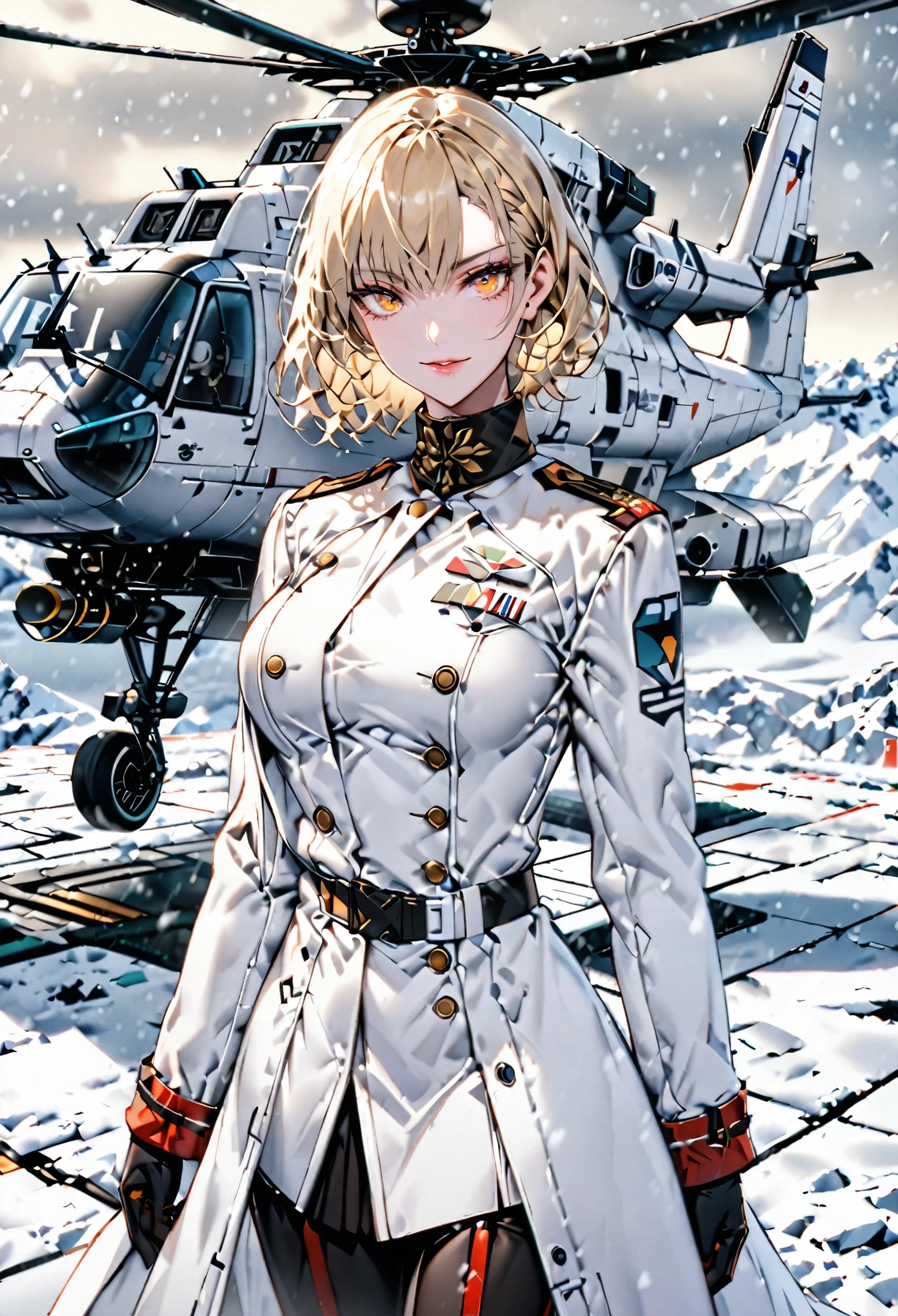 (solo), female, extremely tall, muscular:0.7, blonde hair, formal haircut, amber eyes, formal military uniform, small smile, Antarctic military uniform, large breasts, mole under mouth, snowy background, helipad, military overcoat, futuristic helicopter, white uniform