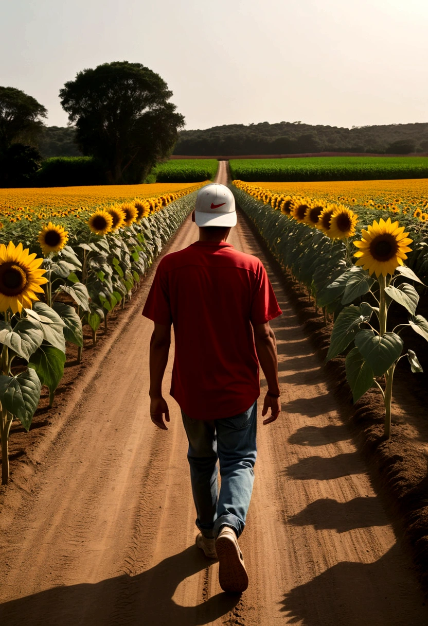 (Obra de arte, melhor qualidade:1.2), Lonely man walking on a dirt road, sunflower plantation around, refletir, inspirador, roupas estilo hip-hop, camisa vermelha, Nike cap, cinematic, obra de arte, realista, dynamic, low-dark lighting,estrada asfaltada e larga