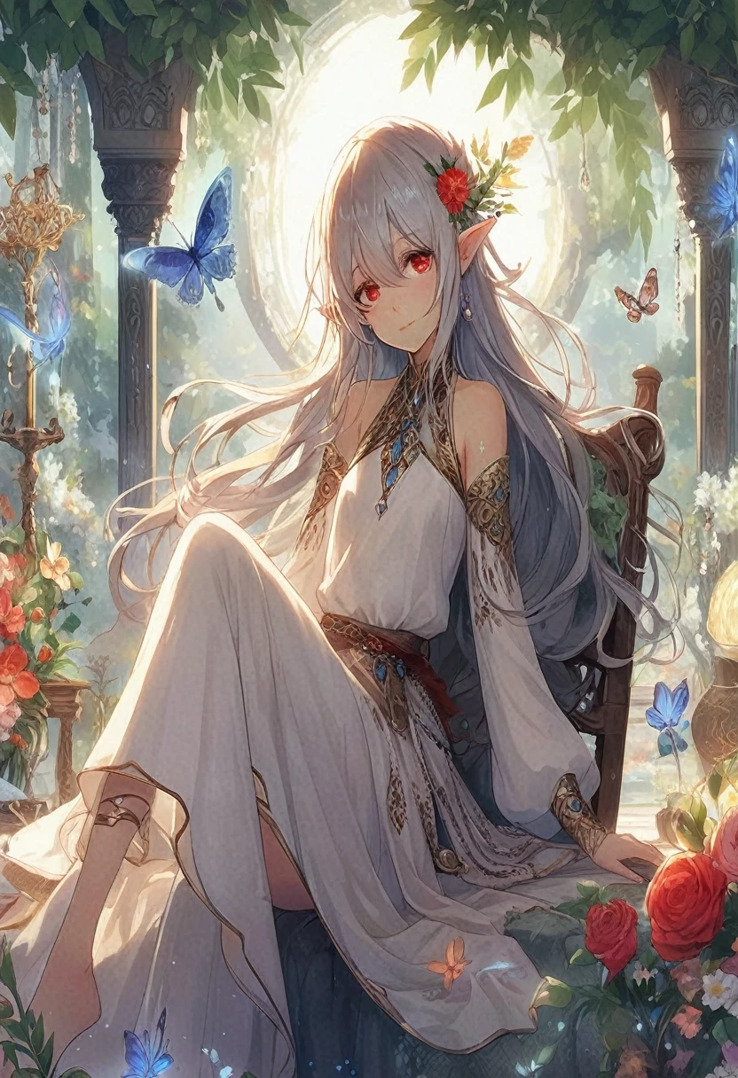 Prompt: Generate an image of Liraeth Silverwind, a young moon elf bard, sitting gracefully upon a luxurious black sofa in a warm and cozy living room. Soft daylight streams through the windows, illuminating the room. Her silver-white hair cascades down her back, catching the gentle daylight. Her warm, deep red eyes are soft and expressive, radiating warmth and compassion as she reads one of the many books from Aerin's vast collection.Liraeth's attire reflects simplicity and elegance, with flowing garments made from fine silk or linen. Inspired by the grace of Greek goddesses, her robe drapes around her like the folds of ancient togas. The fabric is adorned with subtle embellishments and delicate embroidery, reminiscent of divine craftsmanship. Golden laurel wreaths crown her head, symbolizing wisdom and victory.The living room itself is furnished with plush furniture and rich wooden accents, creating a sense of comfort and sophistication. Shelves lined with ancient tomes and arcane artifacts add a touch of mystery and intellectual charm. Soft cushions and warm throws invite relaxation and contemplation, making it the perfect place for Liraeth to immerse herself in her reading.Though she isn't holding any specific instrument, her connection to the world of music and art is evident. The air seems to hum with melodies only she can hear, and the gentle rustle of leaves outside complements her silent contemplation. Inspired by Aerin's love for reading, Liraeth finds joy and inspiration in the stories and knowledge contained within the pages. The image captures the warmth and tranquility of the space, with Liraeth's presence enhancing its comforting embrace.Ensure Liraeth's eyes are a noticeable warm, deep red, and her skin is beautifully pale white. She should be depicted with a gentle smile and minimal jewelry to reflect her preference for simplicity. The image should capture detailed features of her face, eyes, and limbs, following an anime aesthetic with an emphasis o