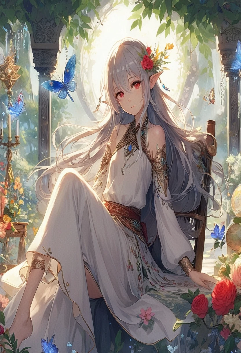 Prompt: Generate an image of Liraeth Silverwind, a young moon elf bard, sitting gracefully upon a luxurious black sofa in a warm and cozy living room. Soft daylight streams through the windows, illuminating the room. Her silver-white hair cascades down her back, catching the gentle daylight. Her warm, deep red eyes are soft and expressive, radiating warmth and compassion as she reads one of the many books from Aerin's vast collection.Liraeth's attire reflects simplicity and elegance, with flowing garments made from fine silk or linen. Inspired by the grace of Greek goddesses, her robe drapes around her like the folds of ancient togas. The fabric is adorned with subtle embellishments and delicate embroidery, reminiscent of divine craftsmanship. Golden laurel wreaths crown her head, symbolizing wisdom and victory.The living room itself is furnished with plush furniture and rich wooden accents, creating a sense of comfort and sophistication. Shelves lined with ancient tomes and arcane artifacts add a touch of mystery and intellectual charm. Soft cushions and warm throws invite relaxation and contemplation, making it the perfect place for Liraeth to immerse herself in her reading.Though she isn't holding any specific instrument, her connection to the world of music and art is evident. The air seems to hum with melodies only she can hear, and the gentle rustle of leaves outside complements her silent contemplation. Inspired by Aerin's love for reading, Liraeth finds joy and inspiration in the stories and knowledge contained within the pages. The image captures the warmth and tranquility of the space, with Liraeth's presence enhancing its comforting embrace.Ensure Liraeth's eyes are a noticeable warm, deep red, and her skin is beautifully pale white. She should be depicted with a gentle smile and minimal jewelry to reflect her preference for simplicity. The image should capture detailed features of her face, eyes, and limbs, following an anime aesthetic with an emphasis o