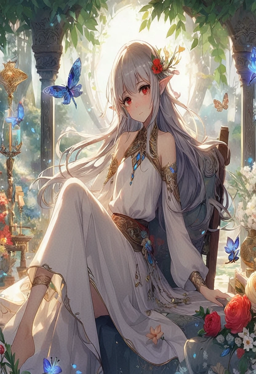 Prompt: Generate an image of Liraeth Silverwind, a young moon elf bard, sitting gracefully upon a luxurious black sofa in a warm and cozy living room. Soft daylight streams through the windows, illuminating the room. Her silver-white hair cascades down her back, catching the gentle daylight. Her warm, deep red eyes are soft and expressive, radiating warmth and compassion as she reads one of the many books from Aerin's vast collection.Liraeth's attire reflects simplicity and elegance, with flowing garments made from fine silk or linen. Inspired by the grace of Greek goddesses, her robe drapes around her like the folds of ancient togas. The fabric is adorned with subtle embellishments and delicate embroidery, reminiscent of divine craftsmanship. Golden laurel wreaths crown her head, symbolizing wisdom and victory.The living room itself is furnished with plush furniture and rich wooden accents, creating a sense of comfort and sophistication. Shelves lined with ancient tomes and arcane artifacts add a touch of mystery and intellectual charm. Soft cushions and warm throws invite relaxation and contemplation, making it the perfect place for Liraeth to immerse herself in her reading.Though she isn't holding any specific instrument, her connection to the world of music and art is evident. The air seems to hum with melodies only she can hear, and the gentle rustle of leaves outside complements her silent contemplation. Inspired by Aerin's love for reading, Liraeth finds joy and inspiration in the stories and knowledge contained within the pages. The image captures the warmth and tranquility of the space, with Liraeth's presence enhancing its comforting embrace.Ensure Liraeth's eyes are a noticeable warm, deep red, and her skin is beautifully pale white. She should be depicted with a gentle smile and minimal jewelry to reflect her preference for simplicity. The image should capture detailed features of her face, eyes, and limbs, following an anime aesthetic with an emphasis o