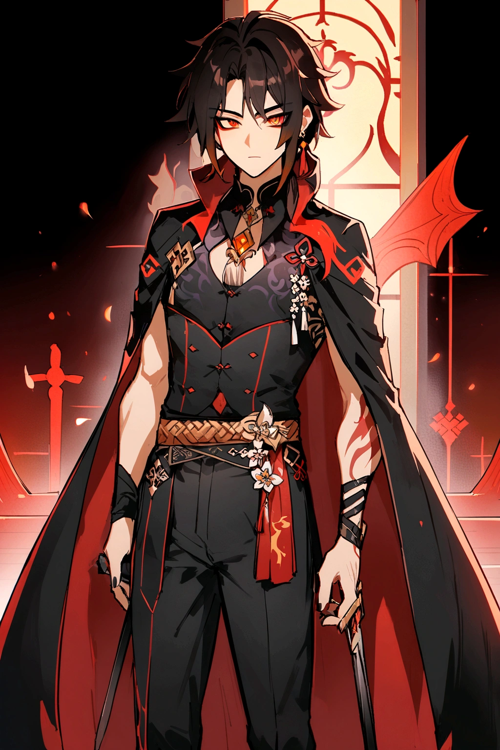 anime character dressed in black and red with sword and cape, handsome guy in demon slayer art, keqing from genshin impact, male vampire of clan banu haqim, handsome japanese demon boy, handsome male vampire, zhongli from genshin impact, beautiful male god of death, male vampire, demon slayer rui fanart, vampire lord, demon male