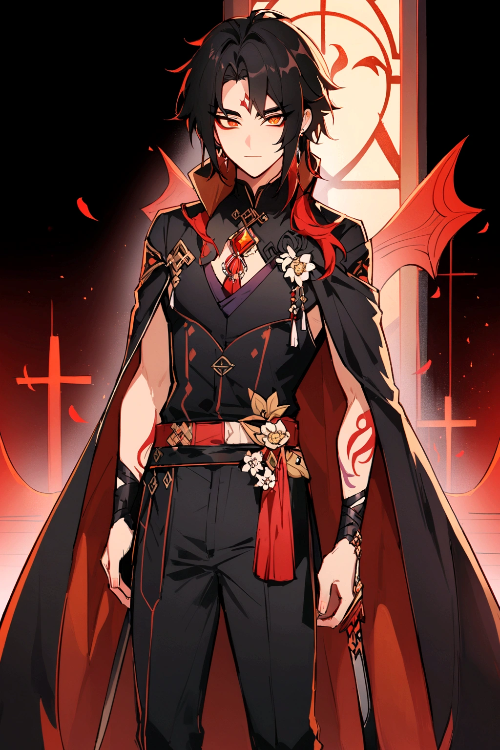anime character dressed in black and red with sword and cape, handsome guy in demon slayer art, keqing from genshin impact, male vampire of clan banu haqim, handsome japanese demon boy, handsome male vampire, zhongli from genshin impact, beautiful male god of death, male vampire, demon slayer rui fanart, vampire lord, demon male