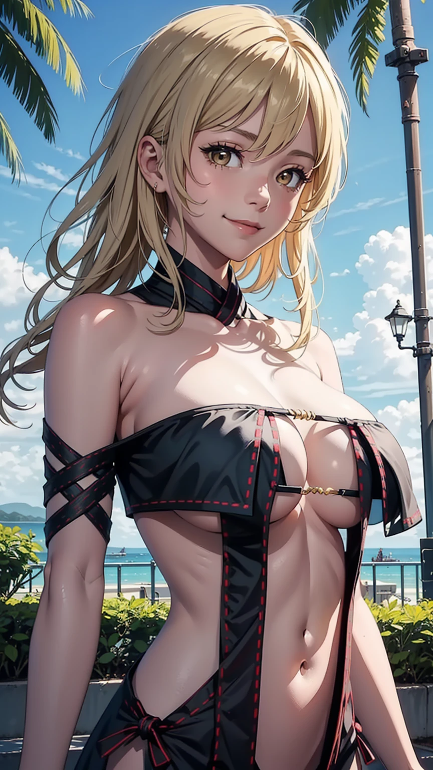 (Luminernd),masterpiece,huge breast, outdoors, looking at viewer, detail eyes, detail face, standing, smile, (front view:1.3), Yu Mei-Ren (Fate) Clothing, upper body shot