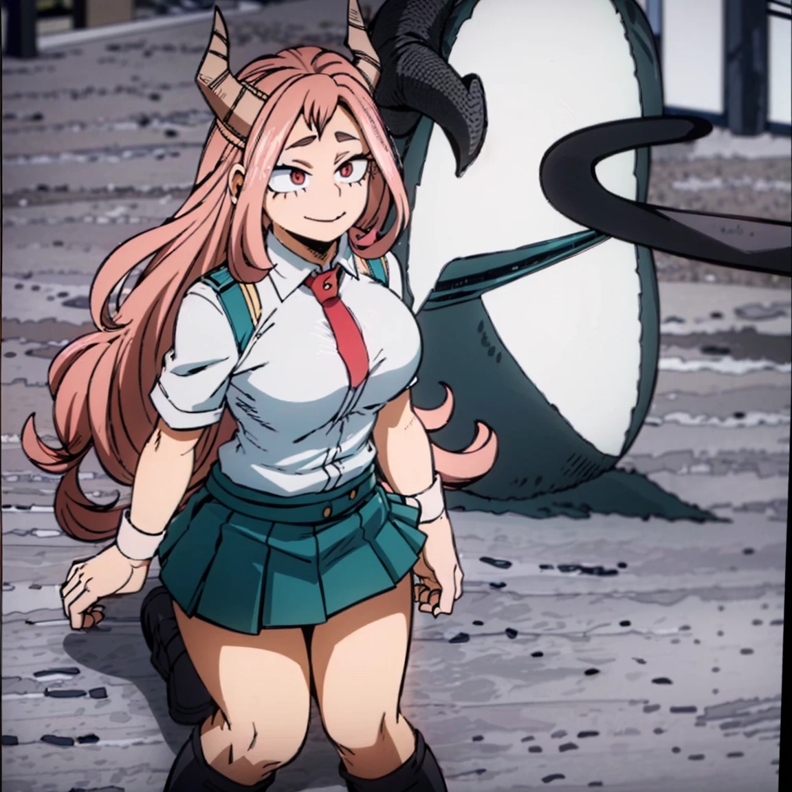 1girl, female focus, boku no hero academia, masterpiece, best quality, very aesthetic, big breasts, small black horns, long wavy hair, tea-pink hair, pink eyes, smile, gray jacket, red tie, white shirt, teal skirt, gray tights, boots