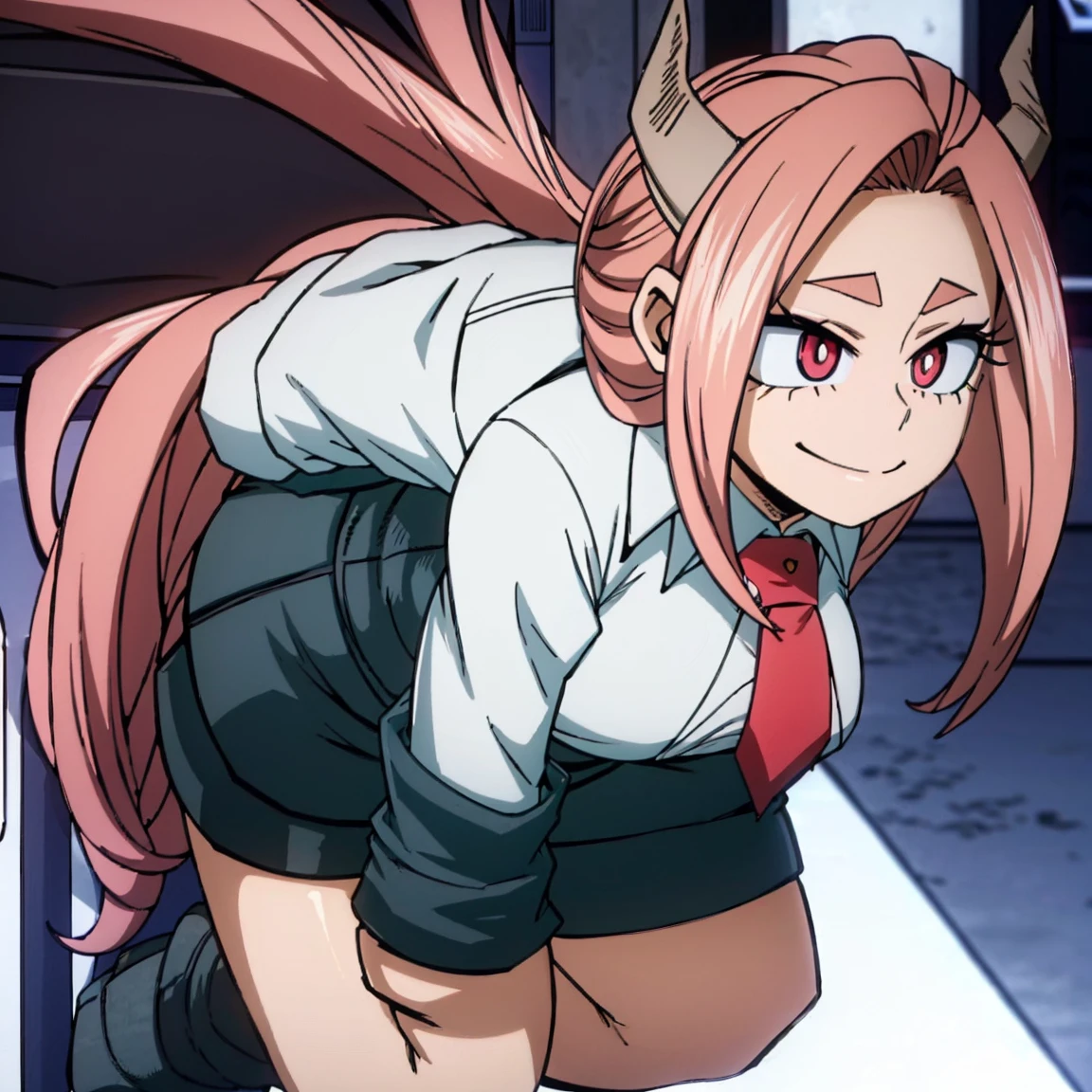 1girl, female focus, boku no hero academia, masterpiece, best quality, very aesthetic, big breasts, small black horns, long wavy hair, tea-pink hair, pink eyes, smile, gray jacket, red tie, white shirt, teal skirt, gray tights, boots 