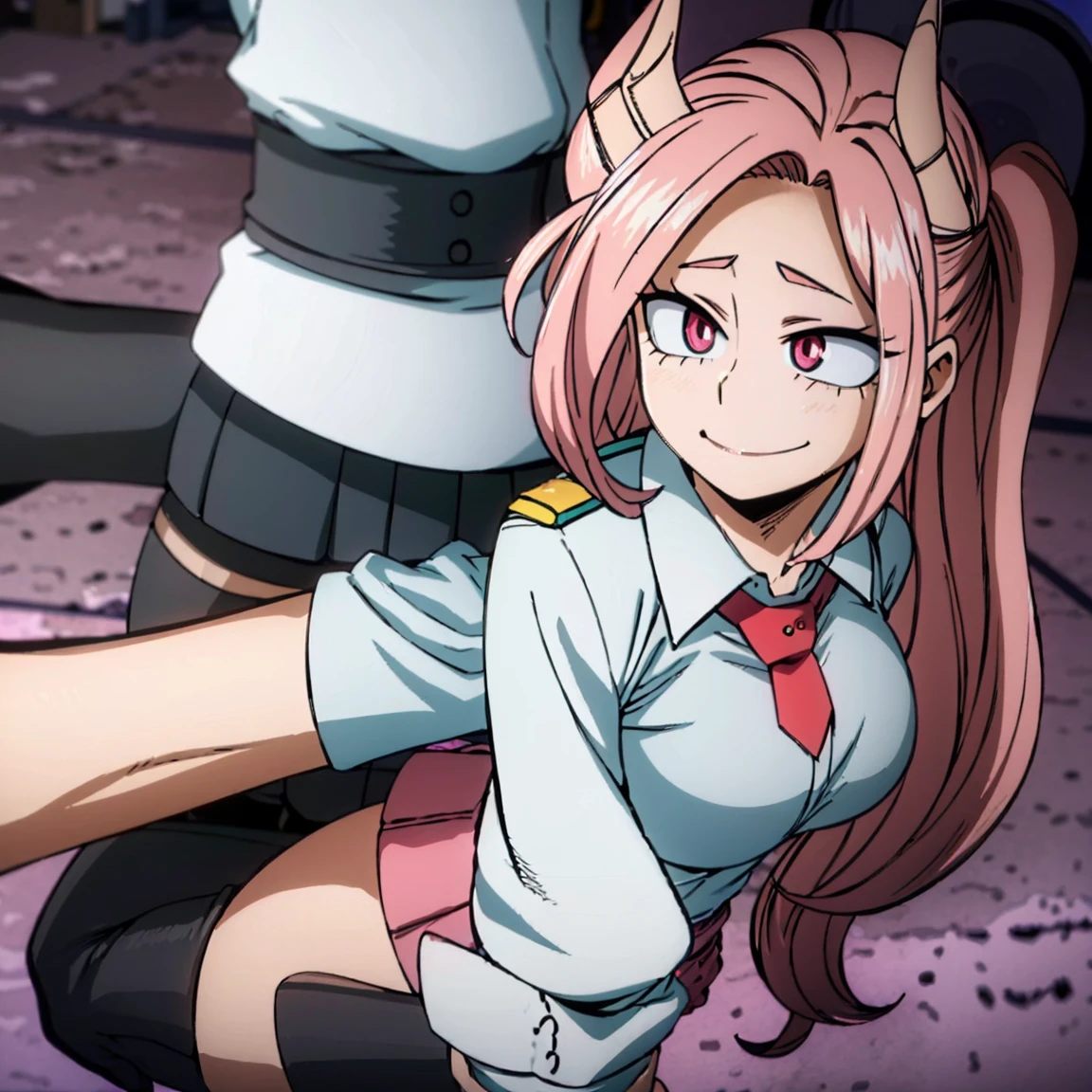 1girl, female focus, boku no hero academia, masterpiece, best quality, very aesthetic, big breasts, small black horns, long wavy hair, tea-pink hair, pink eyes, smile, gray jacket, red tie, white shirt, teal skirt, gray tights, boots 