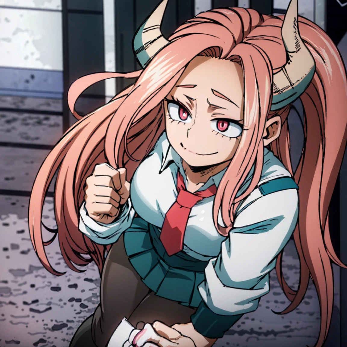 1girl, female focus, boku no hero academia, masterpiece, best quality, very aesthetic, big breasts, small black horns, long wavy hair, tea-pink hair, pink eyes, smile, gray jacket, red tie, white shirt, teal skirt, gray tights, boots 