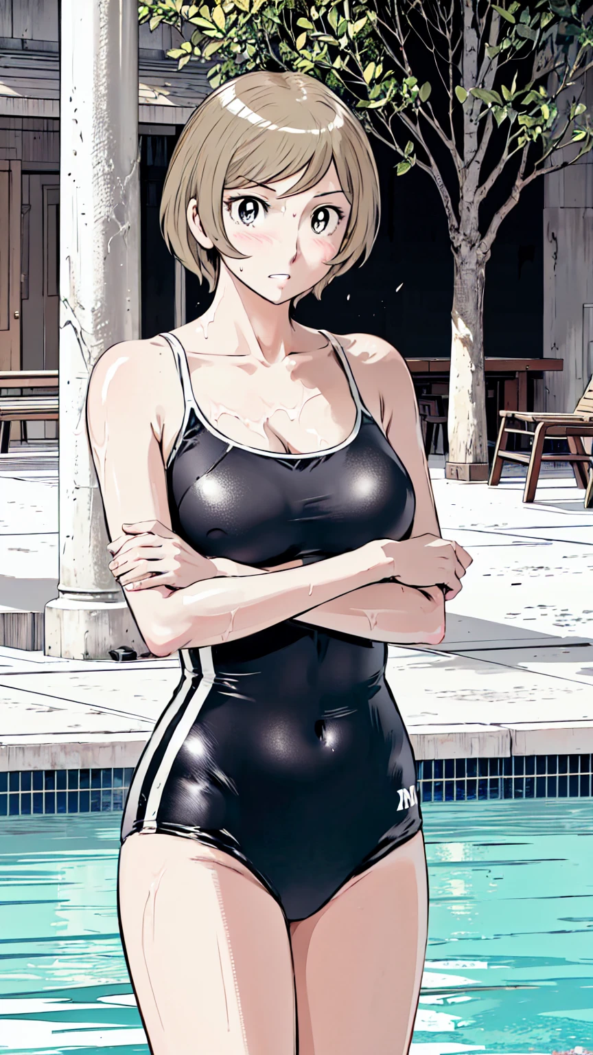 Blonde, (short hair:1.2)、((Illustration of a person))、Big Breasts、
View your viewers,, (Highest quality:1.3),blue eye star piece、Highest quality)、Highest quality, Ultra-high resolution, (((masterpiece))), alone, Sweat、Big eyes、Big Breasts、One Girl, Front view、Embarrassed face、Bronze colored hair、((short hair))、One Girl, alone, blush, Big Breasts,
Bare arms, Wet, Pool, 青いSchool Swimsuit, Thighs, Place your arms at your sides, Bare arms, Cowboy Shot, Are standing, School Swimsuit,bite、High Leg、Mansuji
