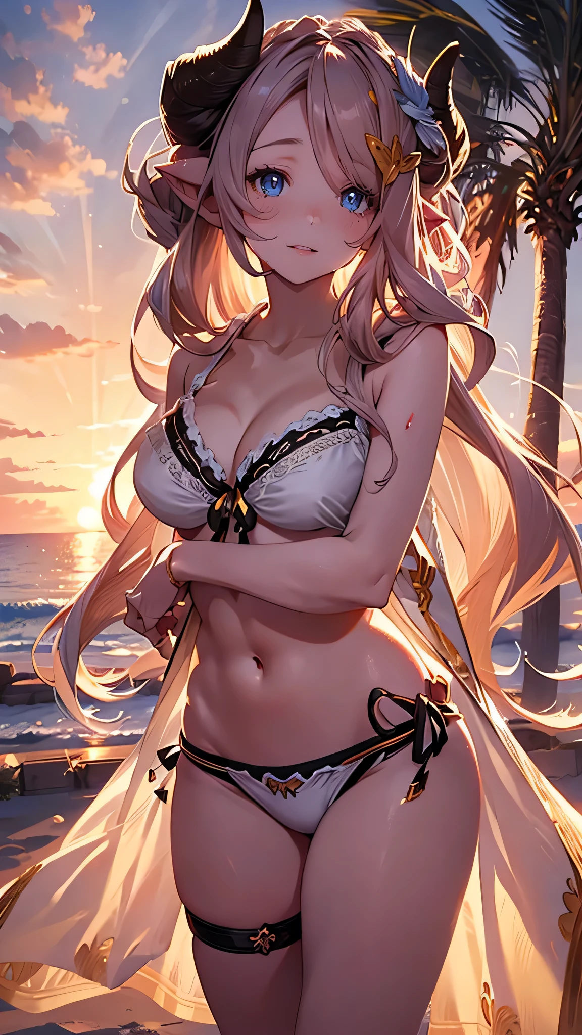 Narmaya, white bikini, beautiful detailed eyes, beautiful detailed lips, extremely detailed face, long eyelashes, long flowing hair, beach, sand, ocean waves, sunset sky, golden hour lighting, cinematic composition, photorealistic, hyper detailed, 4k, best quality