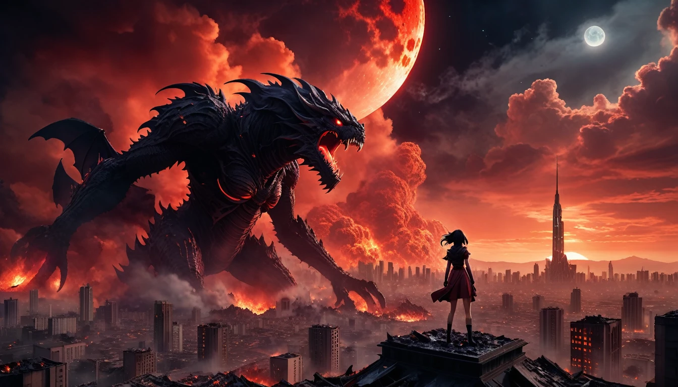 8K high-resolution images, Woman standing on top of a building,anime, A city destroyed by a space monster, Devouring people, Corpses Everywhere, Red sky and black clouds,Fire Magic, In the background is a giant space monster devouring the moon..