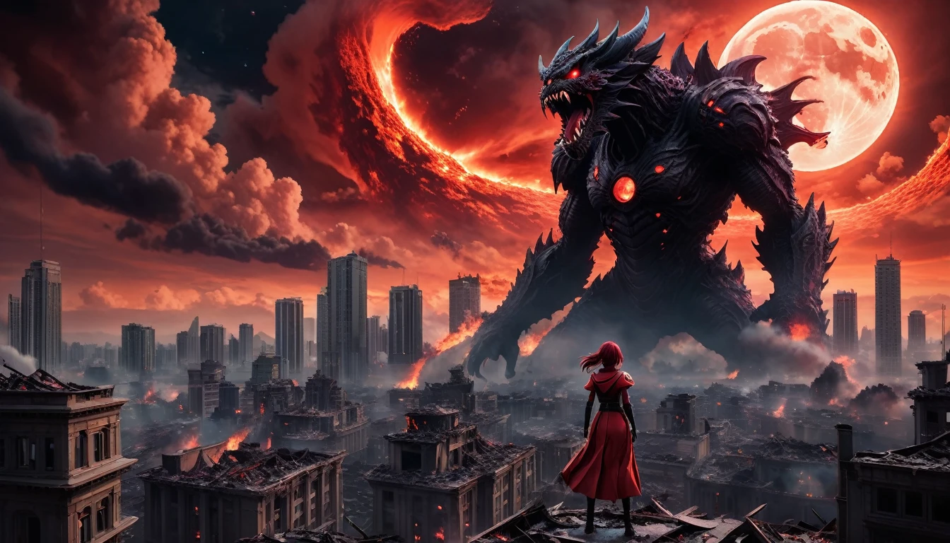 8K high-resolution images, Woman standing on top of a building,anime, A city destroyed by a space monster, Devouring people, Corpses Everywhere, Red sky and black clouds,Fire Magic, In the background is a giant space monster devouring the moon..